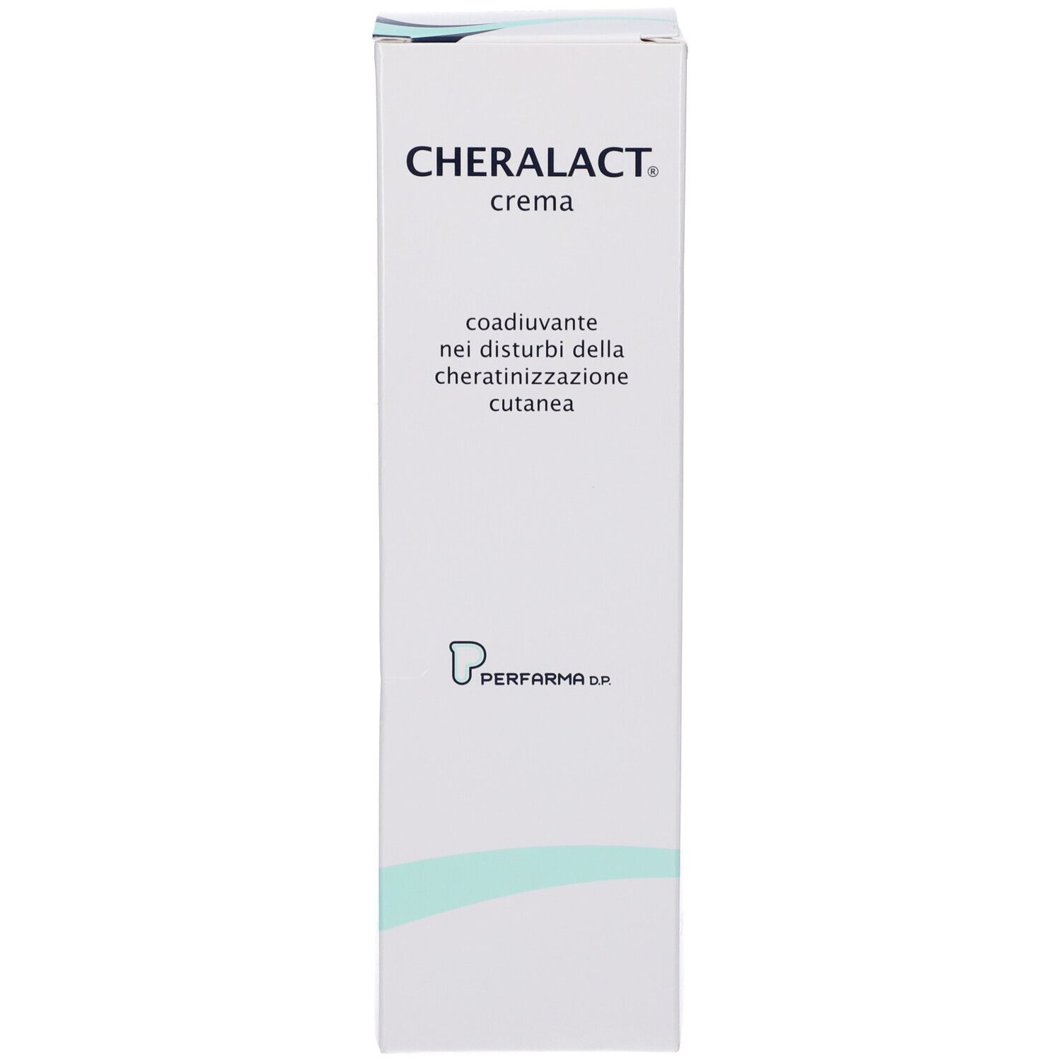 Scatola. Scritta: CHERALACT crema. Testo: coadiuvante nei disturbi della cheratinizzazione cutanea. Logo: Performa D.P. Bianco e azzurro.