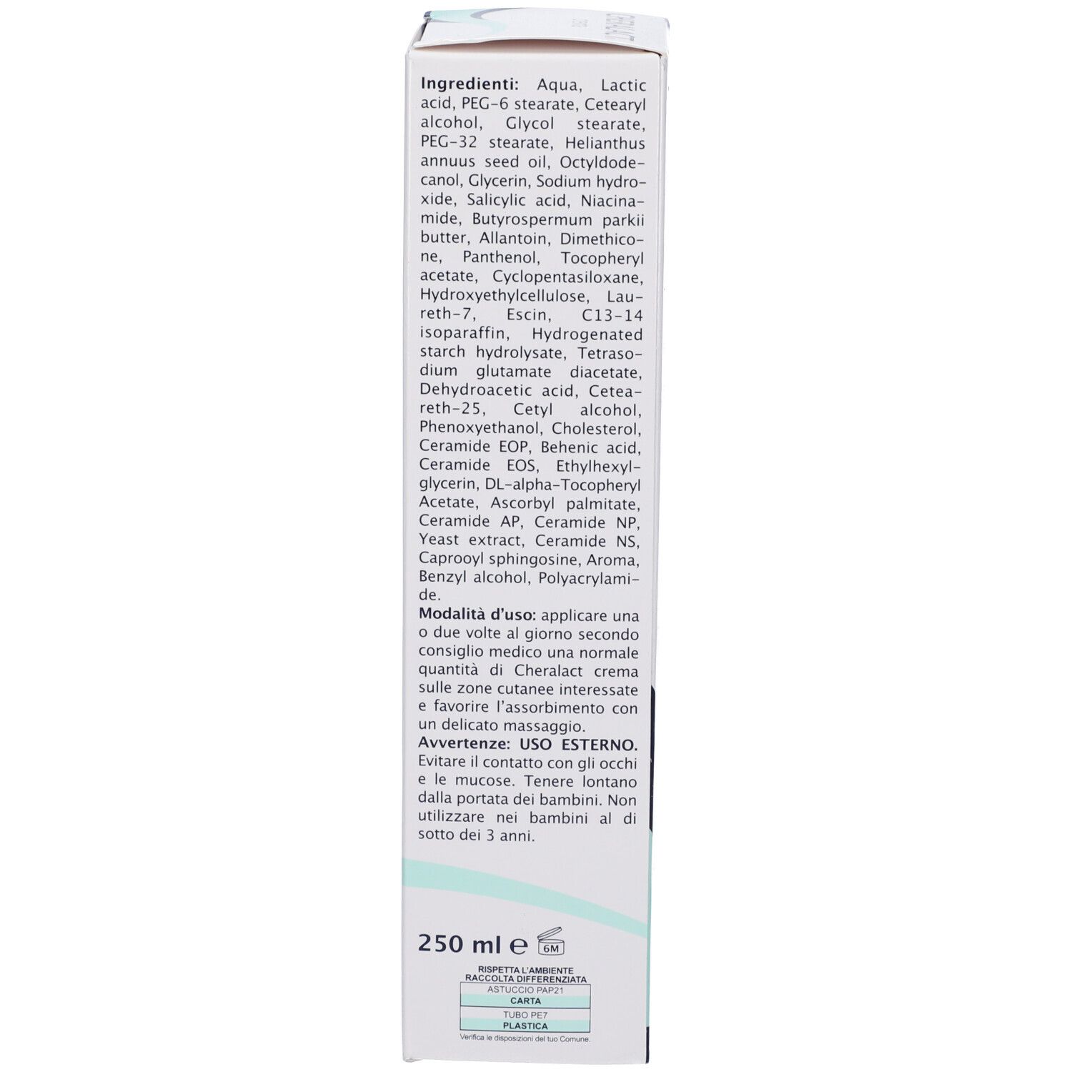 Retro della scatola. Elenco degli ingredienti e istruzioni per l'uso in italiano. 250 ml.