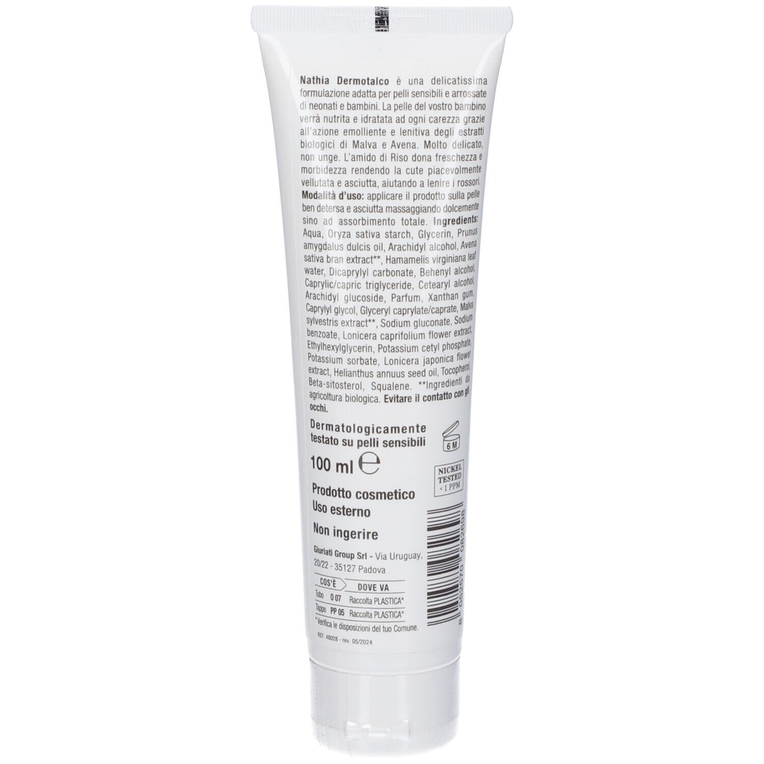 Retro di un tubo di crema bianco. Contiene testo in italiano. Scritte: dermatologicamente testato, 100 ml.