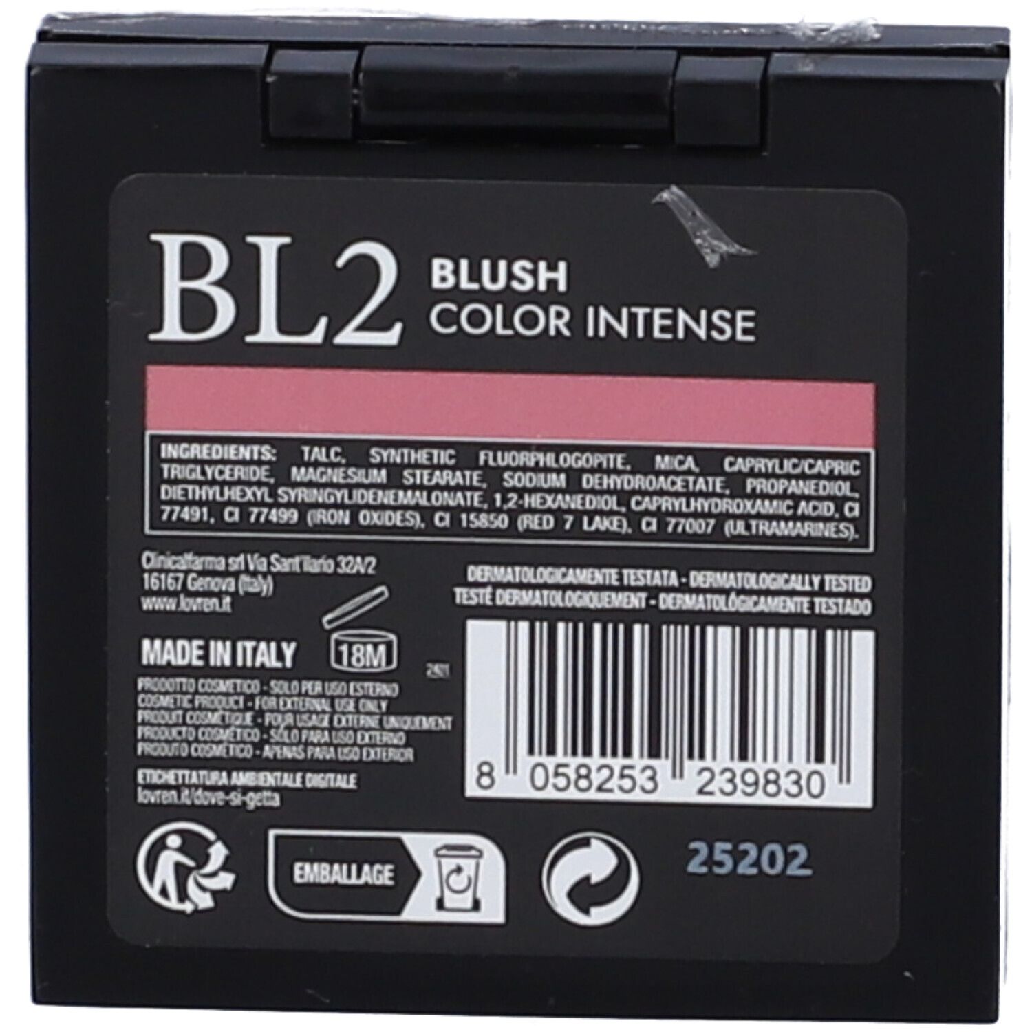 Fard compatto BL2 COLOR INTENSE. Tonalità rosa. Ingredienti e informazioni sul retro.