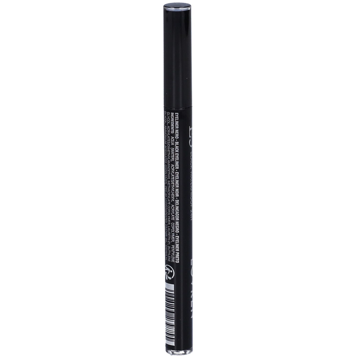 Matita eyeliner nera. Retro con testo e codice a barre. Marchio: Lovren.