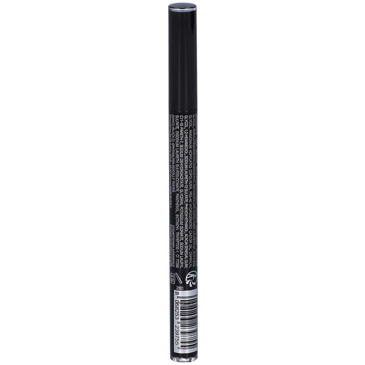 Matita eyeliner nera. Retro con testo e codice a barre. Marchio: Lovren.