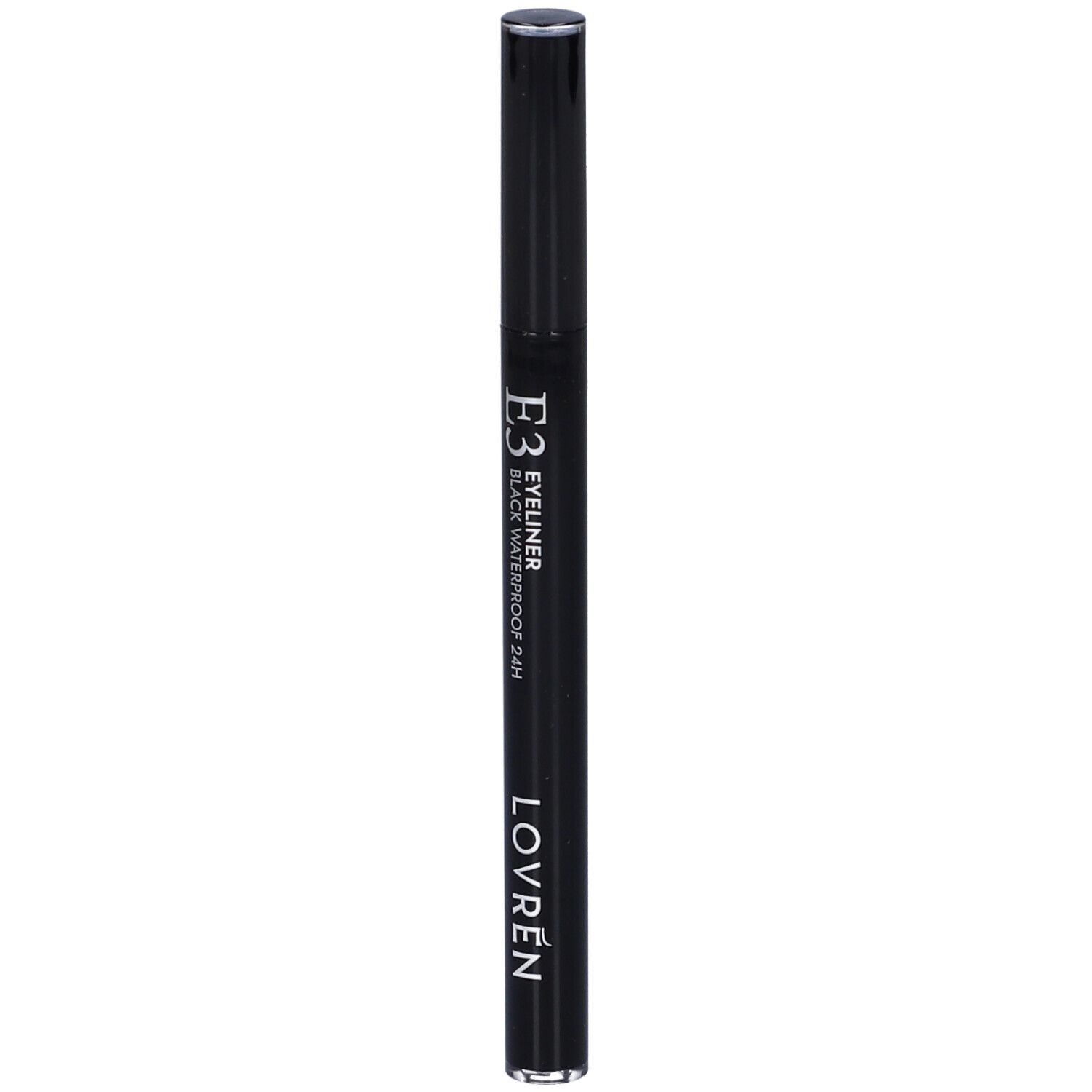Matita eyeliner nera. Scritta: E3 Eyeliner Black Waterproof 24H. Marchio: Lovren.