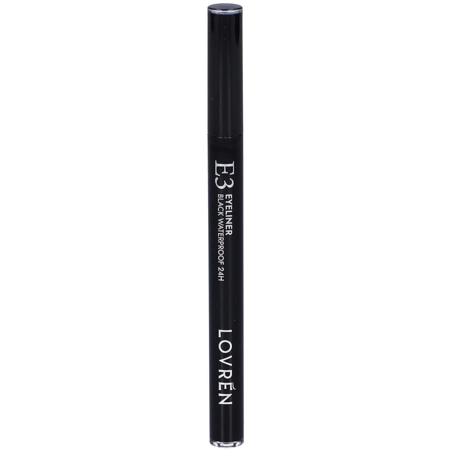 Matita eyeliner nera. Scritta: E3 Eyeliner Black Waterproof 24H. Marchio: Lovren.