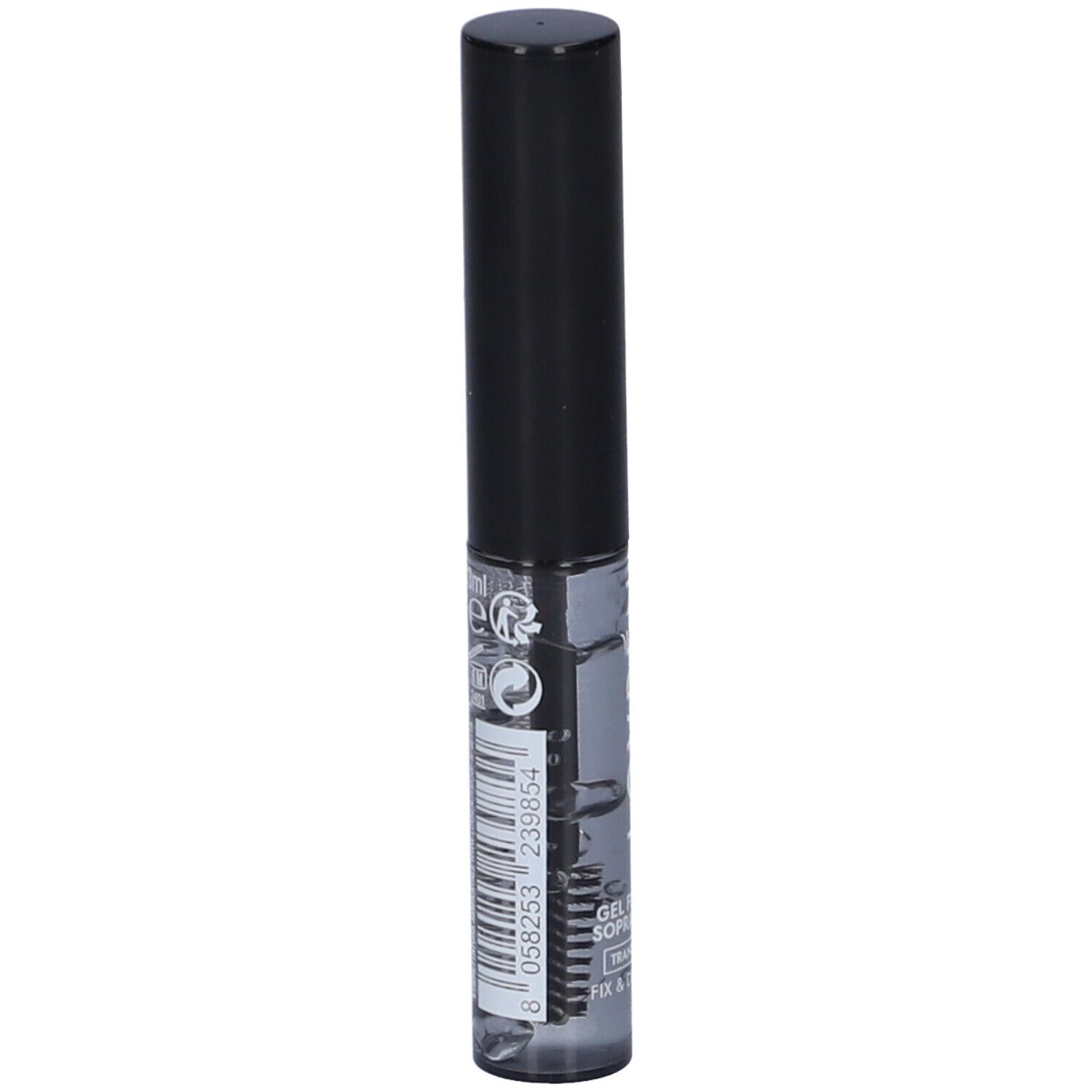 Gel trasparente per sopracciglia in flacone cilindrico con tappo nero. Scritta: LOVREN, Gel Fissante Sopracciglia. Codice a barre.