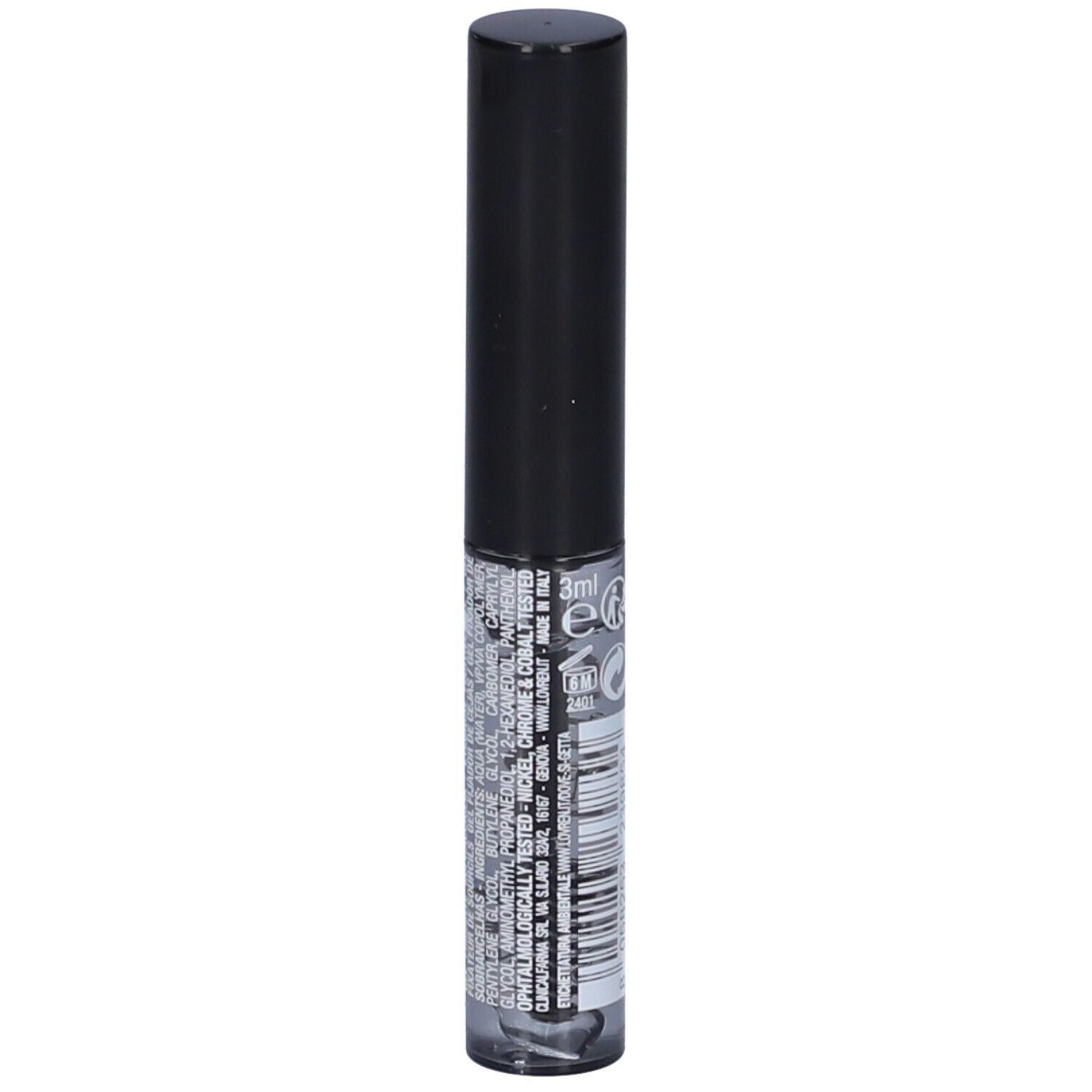 Gel trasparente per sopracciglia in flacone cilindrico con tappo nero. Retro con ingredienti e informazioni.