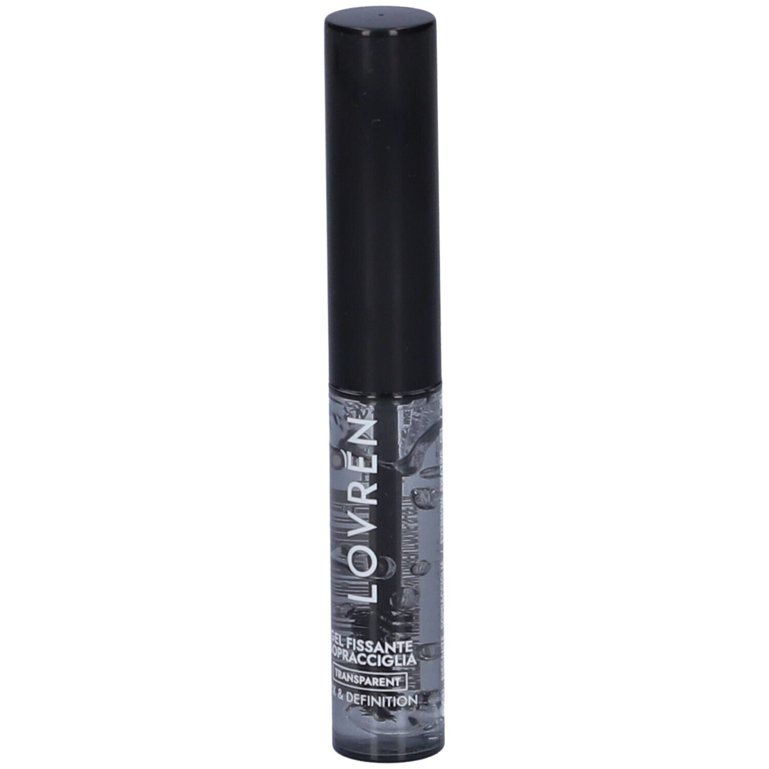 Gel trasparente per sopracciglia in flacone cilindrico con tappo nero. Scritta: LOVREN, Gel Fissante Sopracciglia.