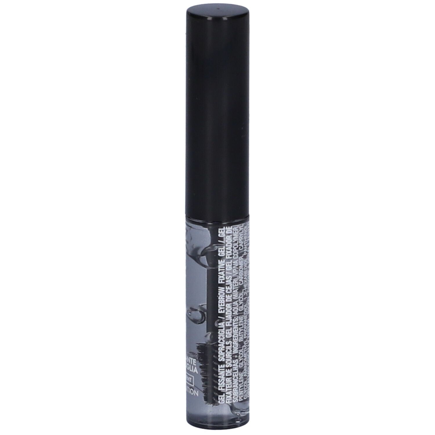Gel trasparente per sopracciglia in flacone cilindrico con tappo nero. Spazzola visibile. Retro con ingredienti.