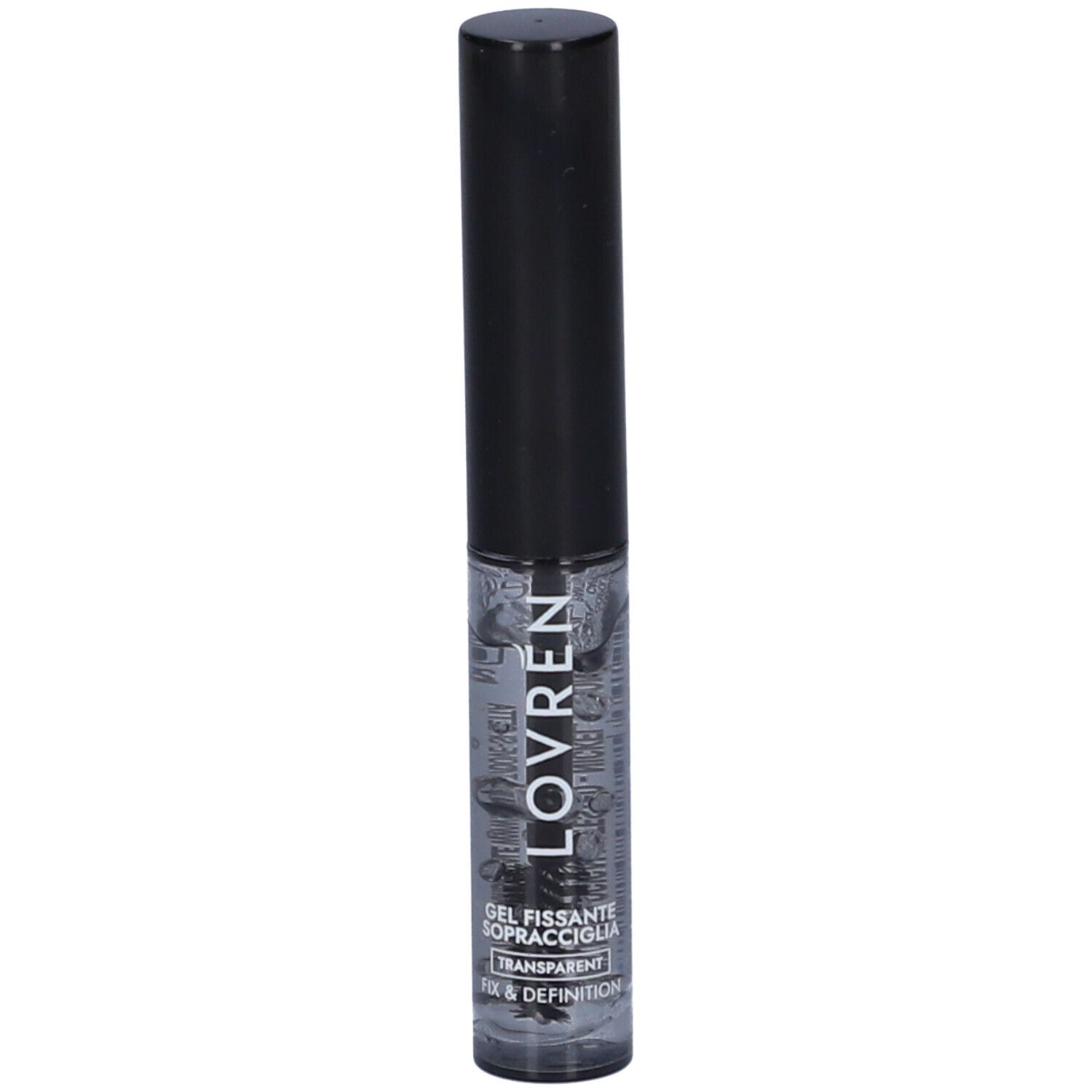 Gel trasparente per sopracciglia in flacone cilindrico con tappo nero. Scritta: LOVREN, Gel Fissante Sopracciglia.