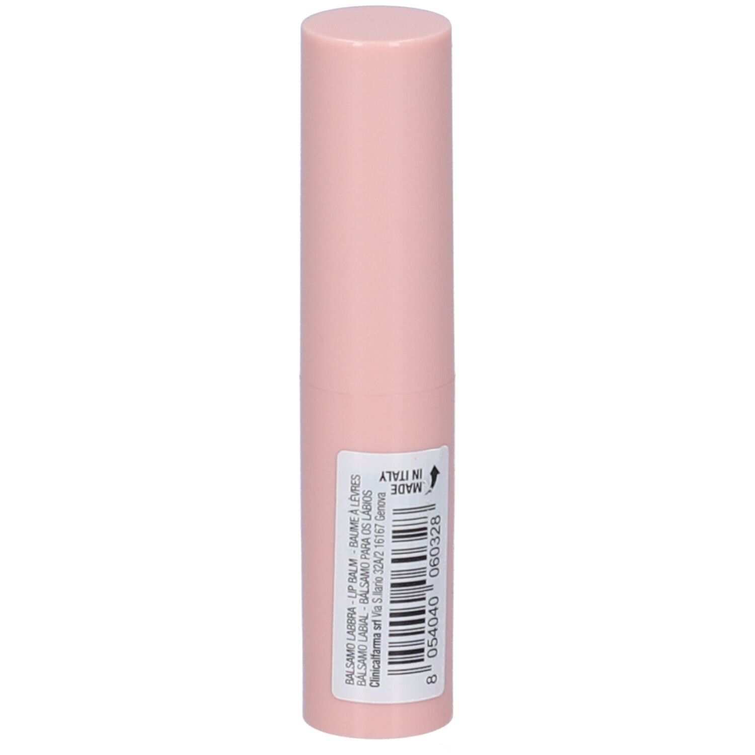 Stick di balsamo labbra rosa. Etichetta con testo e codice a barre. Vista verticale.