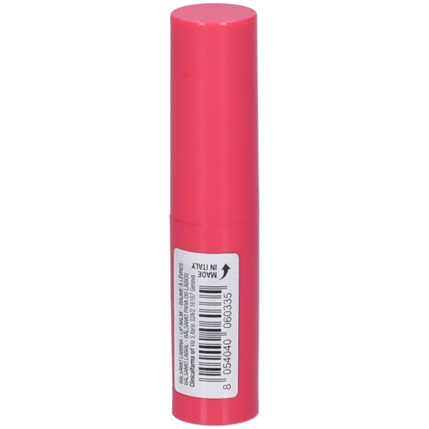 Balsamo per labbra rosa. Forma cilindrica. Codice a barre e testo su etichetta bianca.