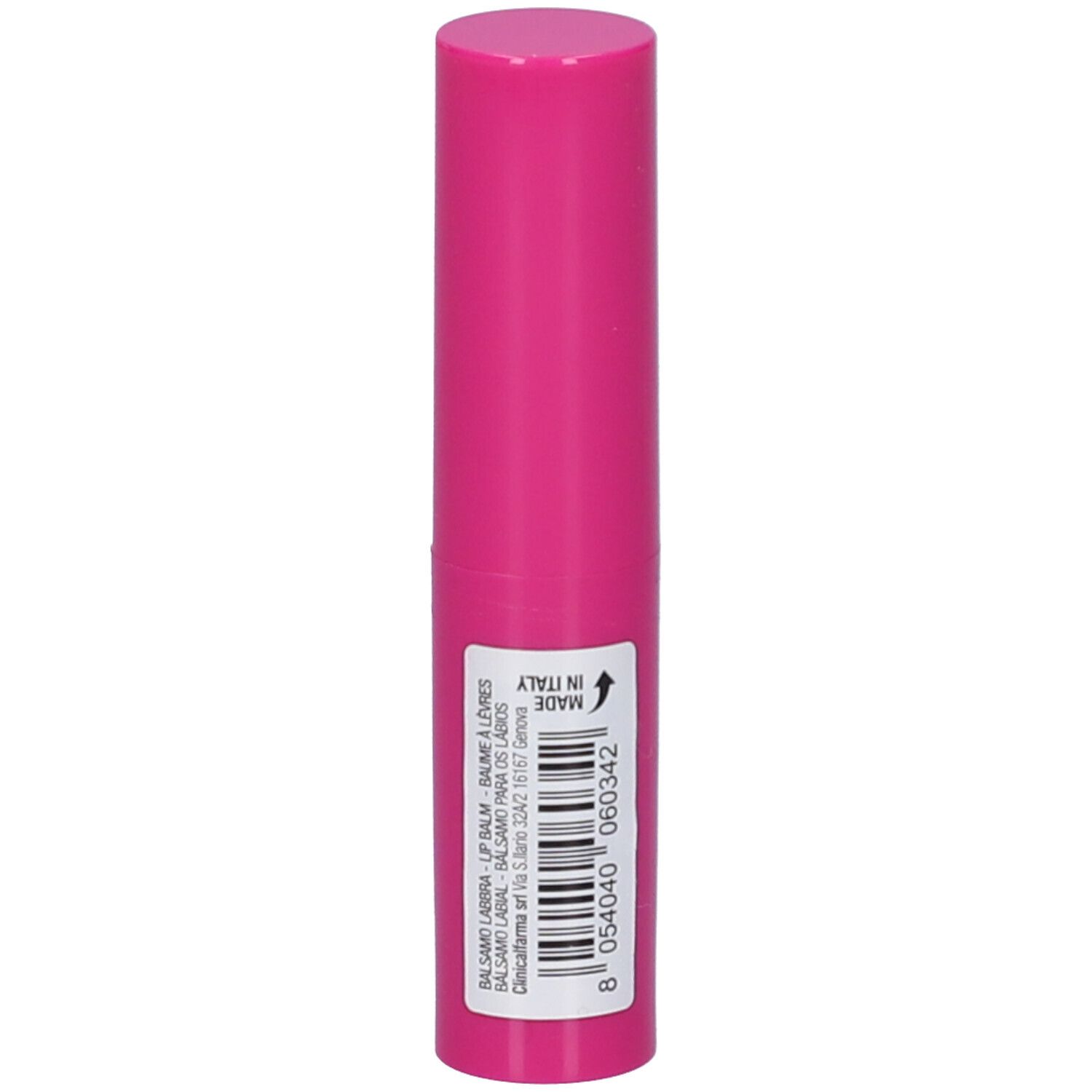 Rossetto fucsia. Forma cilindrica. Adesivo con testo e codice a barre.