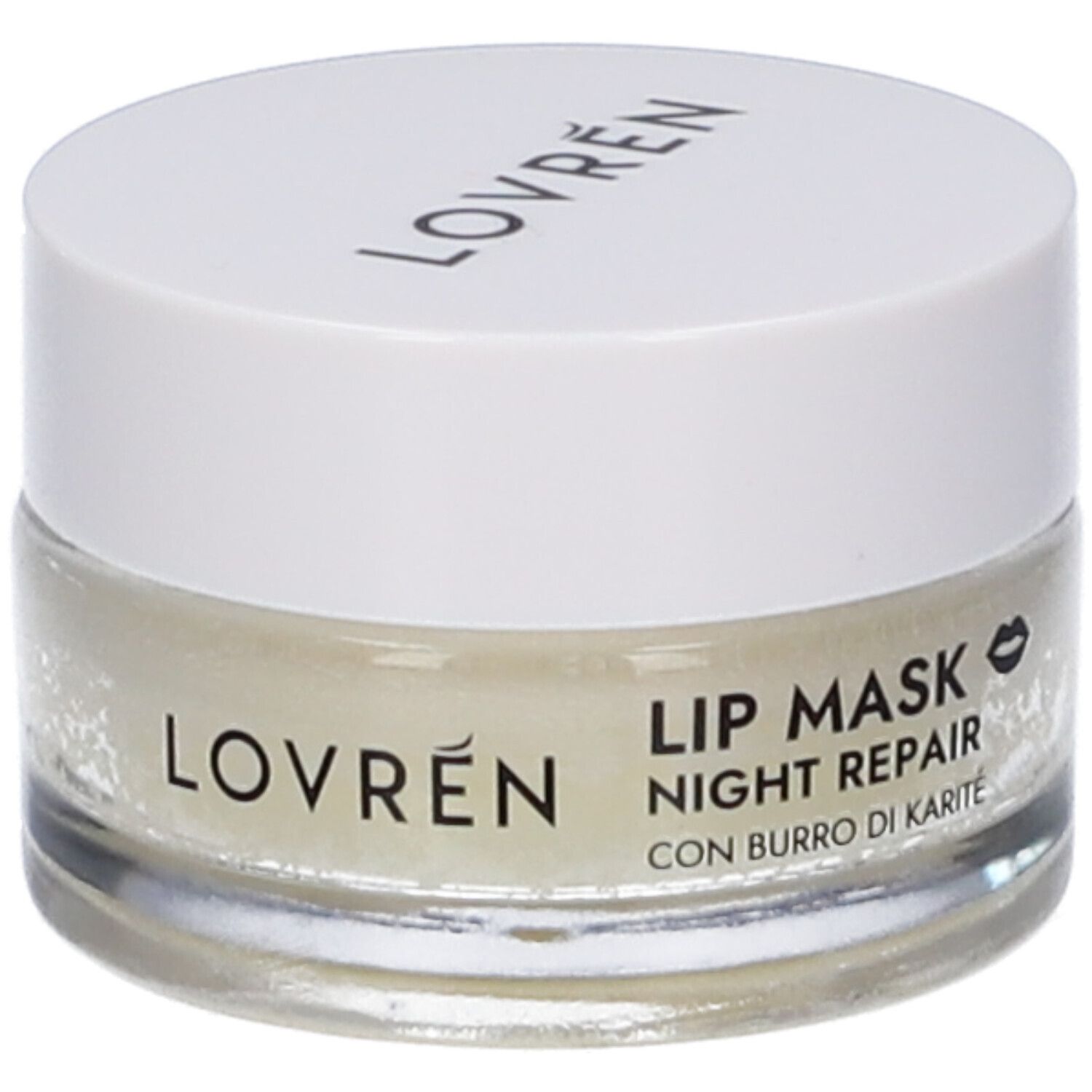 Vasetto di vetro con coperchio bianco. Sul coperchio è scritto "LOVRÉN". L'etichetta riporta "LIP MASK NIGHT REPAIR" e un simbolo di labbra.