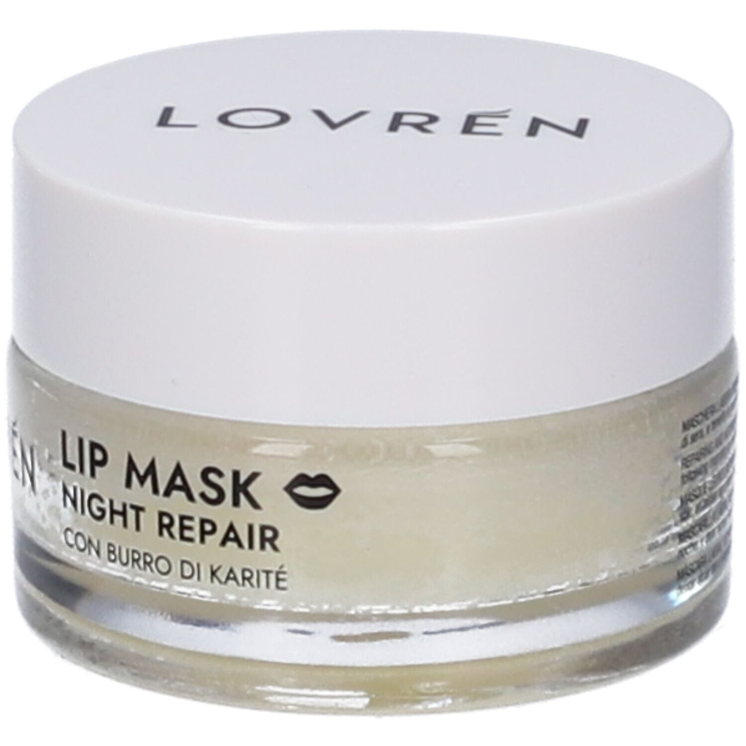 Vasetto di vetro con coperchio bianco. Sul coperchio è scritto "LOVRÉN". L'etichetta riporta "LIP MASK NIGHT REPAIR" e un simbolo di labbra.