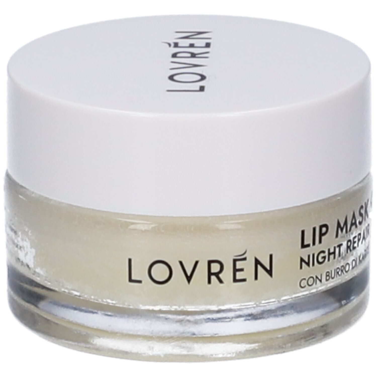 Vasetto di vetro con coperchio bianco. Sul coperchio è scritto "LOVRÉN". L'etichetta riporta "LIP MASK NIGHT REPAIR".