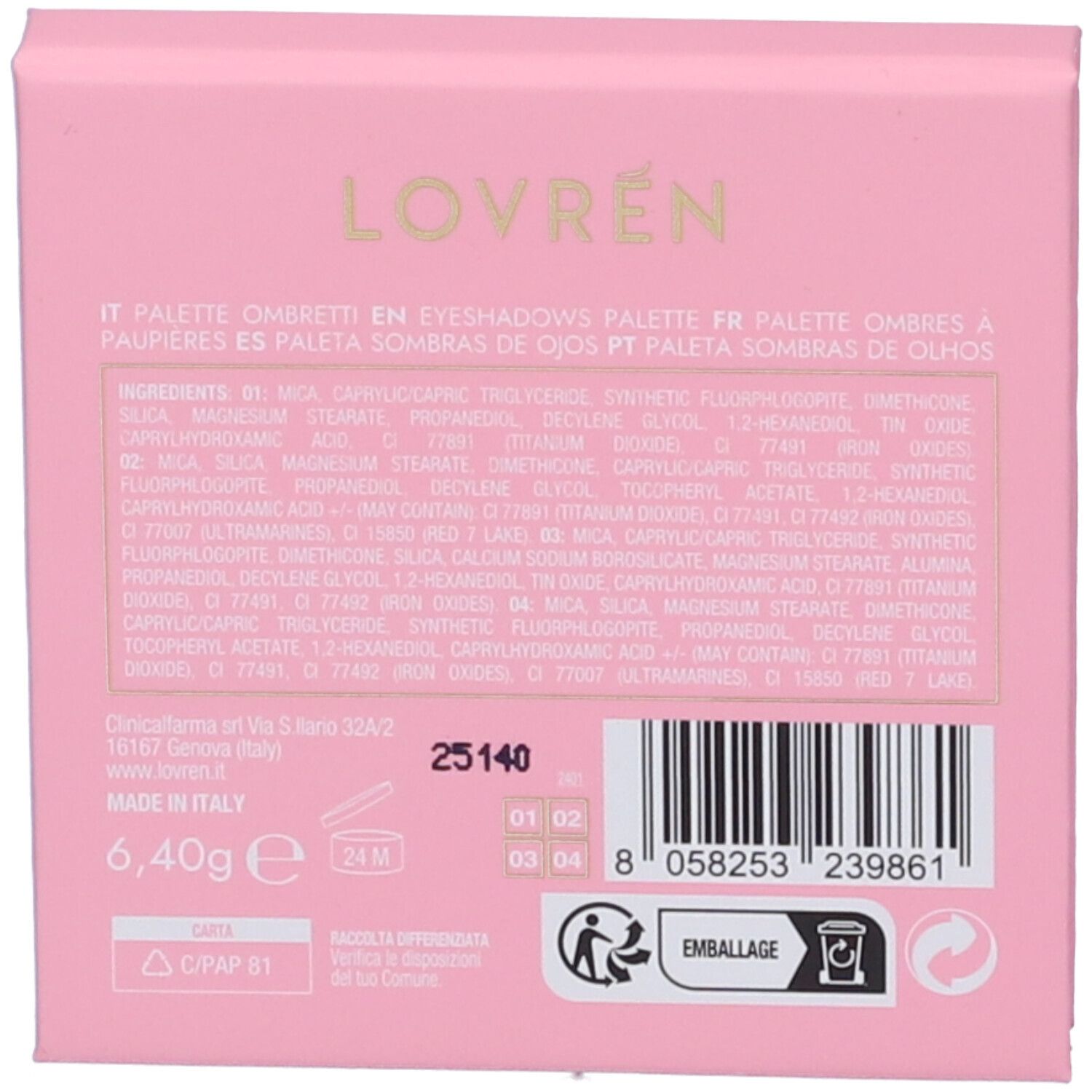 Retro della palette. Testo: LOVRÉN, ingredienti, 6,40g, 24M. Codice a barre e simboli di riciclaggio.