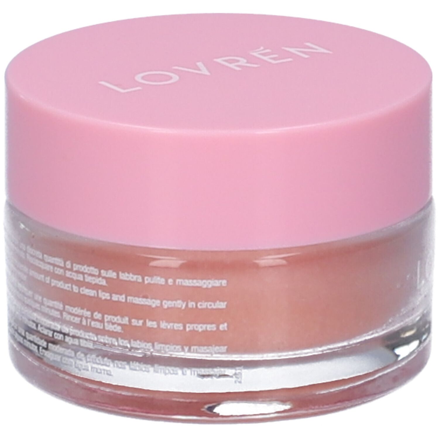 Vasetto rotondo con coperchio rosa. Sul coperchio è scritto "LOVREN". Sotto, uno scrub labbra con contenuto rosa. Testo sul vasetto.