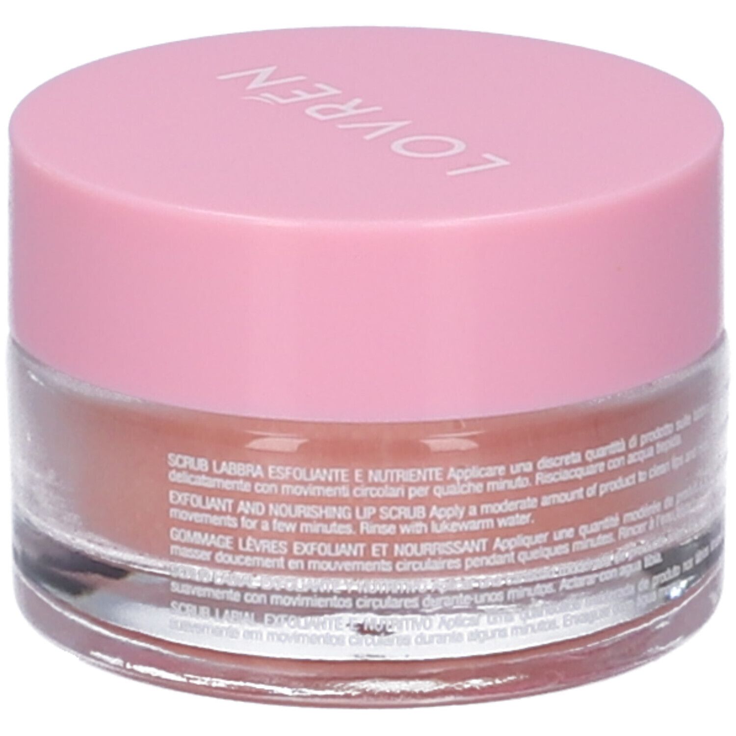 Vasetto rotondo con coperchio rosa. Sul coperchio è scritto "LOVREN". Sotto, uno scrub labbra con contenuto rosa. Testo sul vasetto.