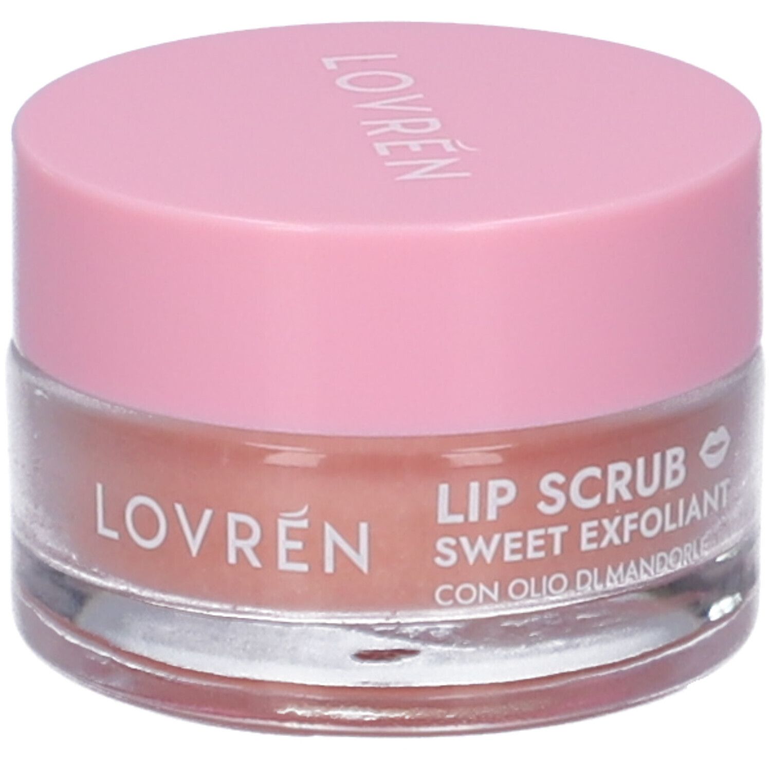 Vasetto rotondo con coperchio rosa. Sul coperchio è scritto "LOVREN". Sotto, uno scrub labbra con contenuto rosa. Testo sul vasetto.