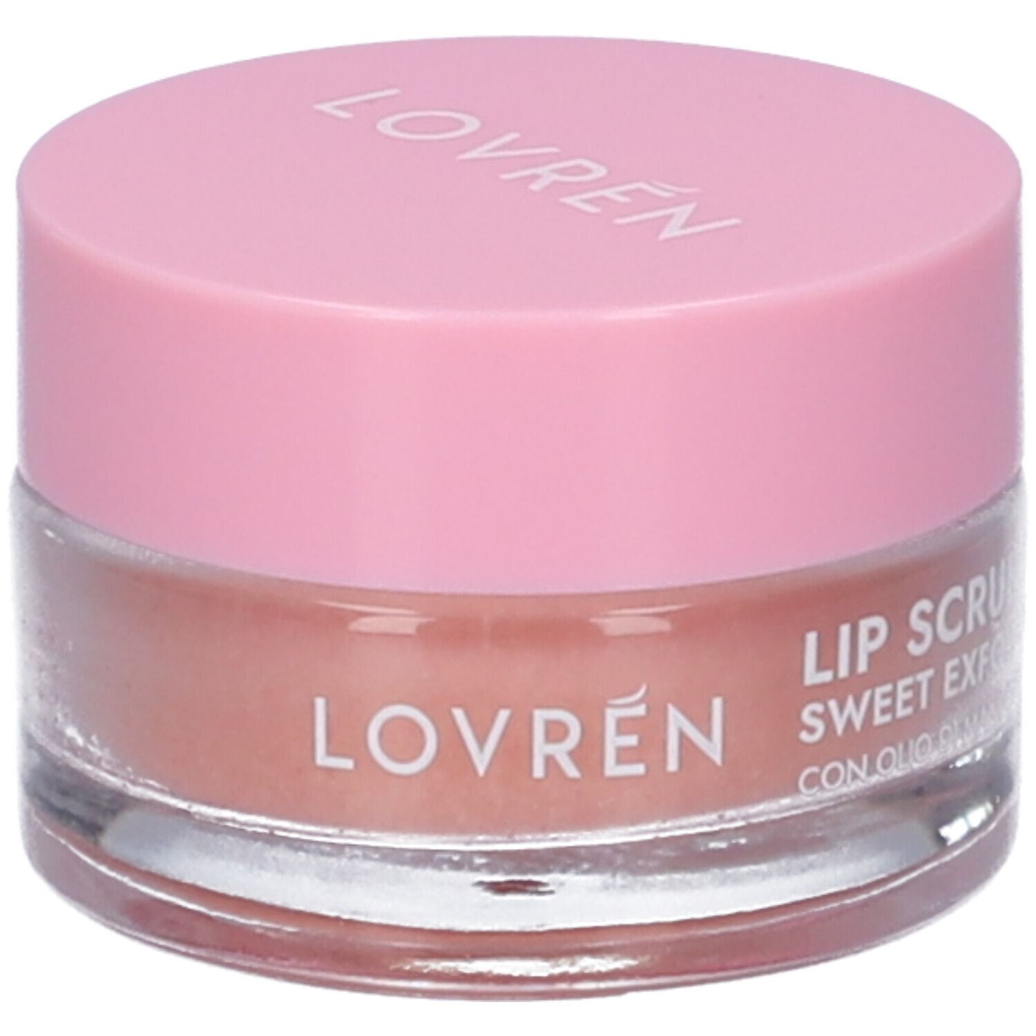Vasetto rotondo con coperchio rosa. Sul coperchio è scritto "LOVREN". Sotto, uno scrub labbra con contenuto rosa. Testo sul vasetto.