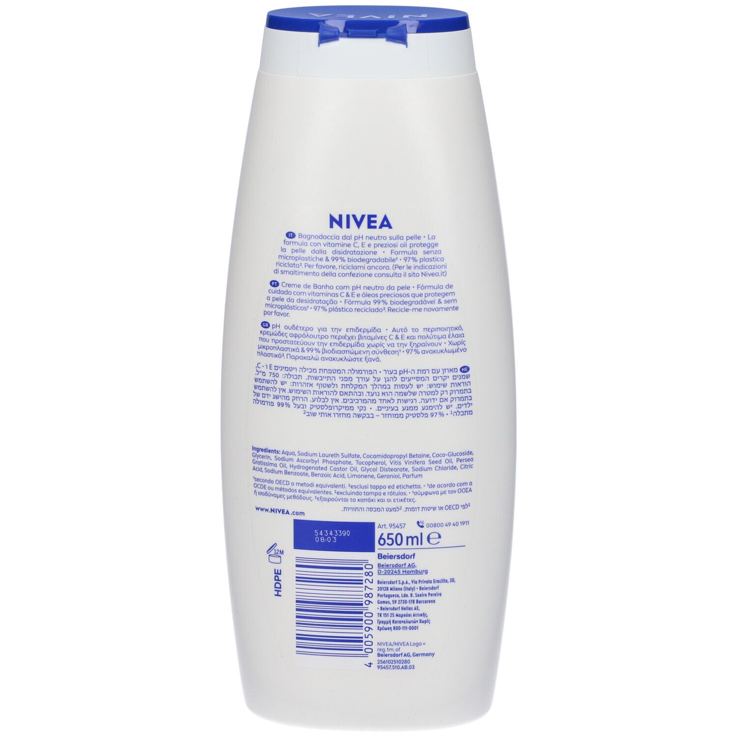 Retro di un flacone bianco con tappo blu. Scritta NIVEA. Testo in più lingue. Codice a barre e indicazione del volume.