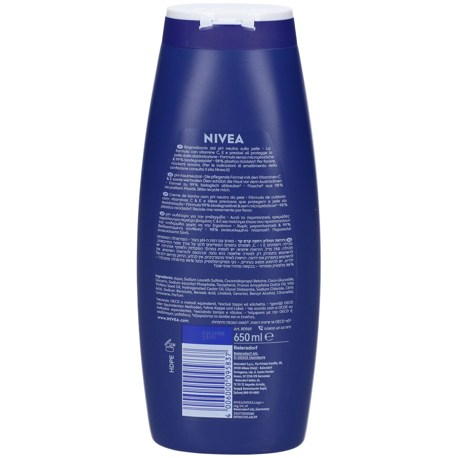 Retro di un flacone blu con tappo bianco. Testo multilingue. Scritta: NIVEA. Volume: 650 ml.