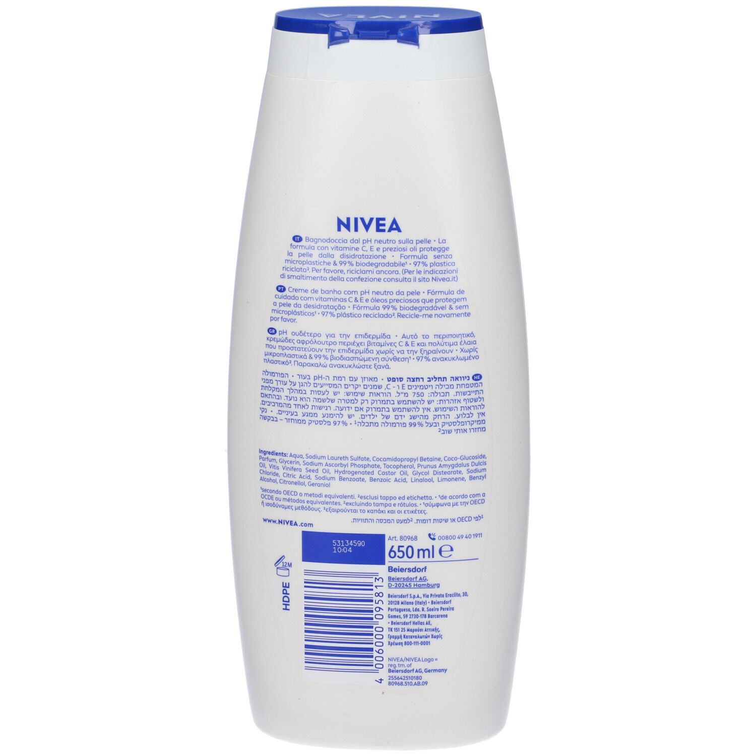 Retro del flacone di bagnodoccia NIVEA. Flacone bianco con tappo blu. Testo multilingue. 650ml.