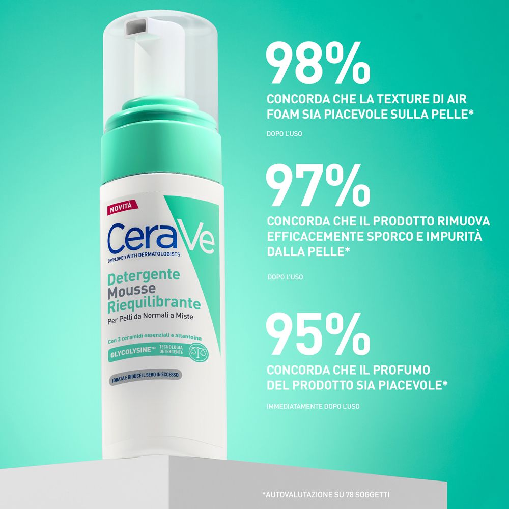 CeraVe Mousse Detergente Riequilibrante. Flacone su sfondo verde. Testo.