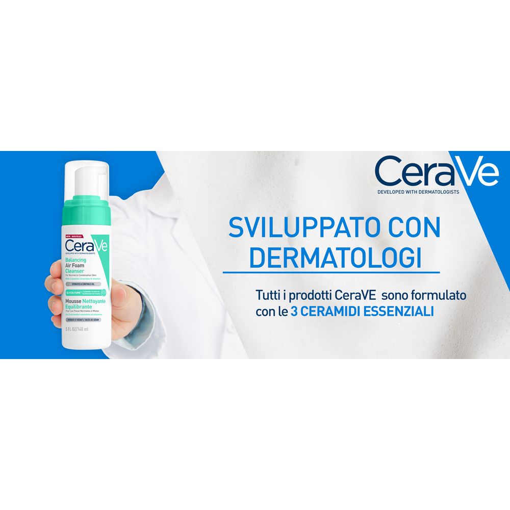 Prodotto CeraVe e testo su sfondo blu.