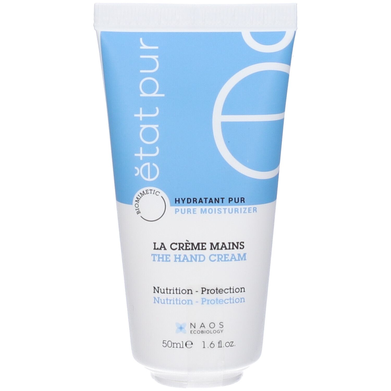 Tubo di crema blu e bianco. Scritta "état pur". "La Crème Mains The Hand Cream". "Hydratant Pur".