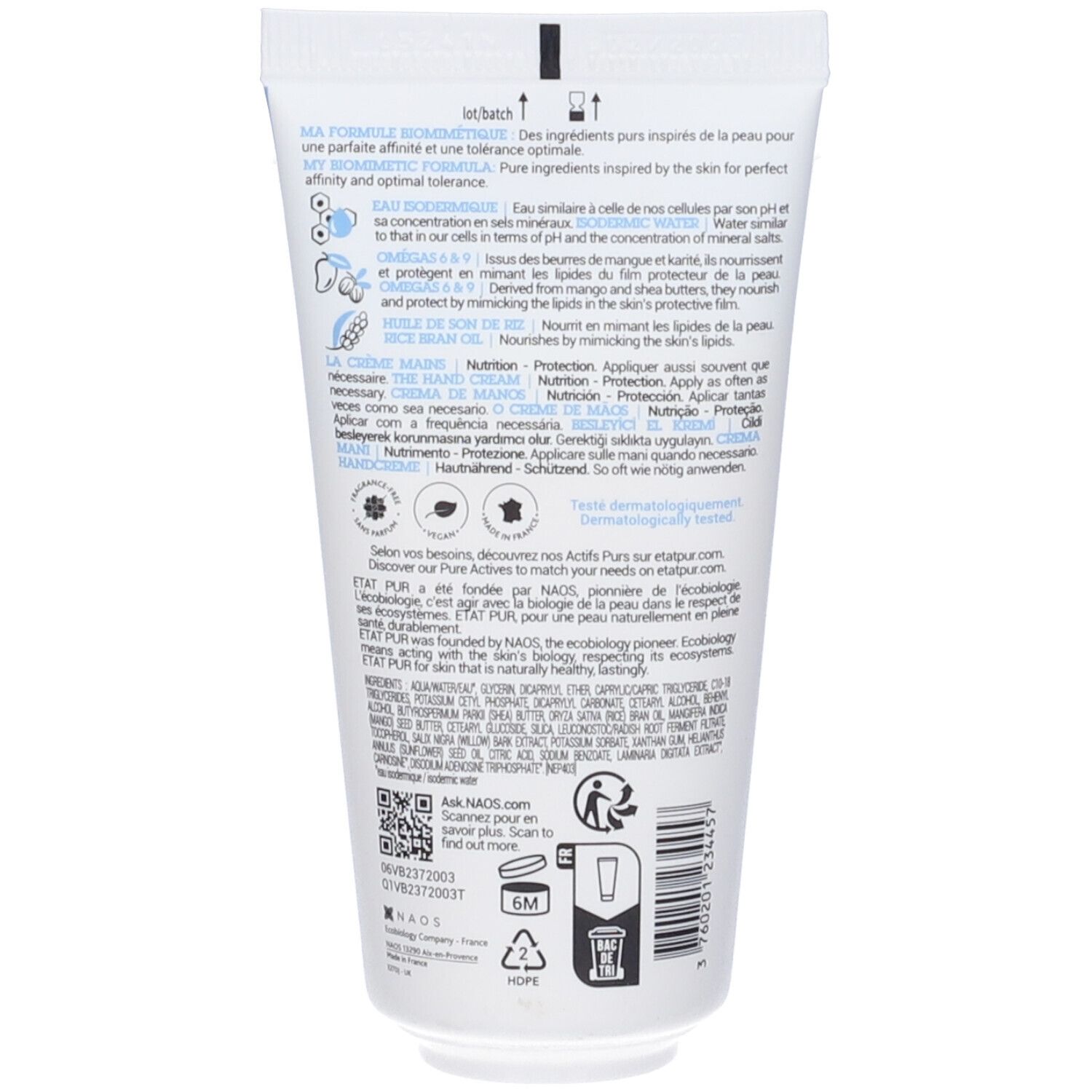 Retro di un tubo di crema. Testo multilingue. Loghi e informazioni sul marchio.