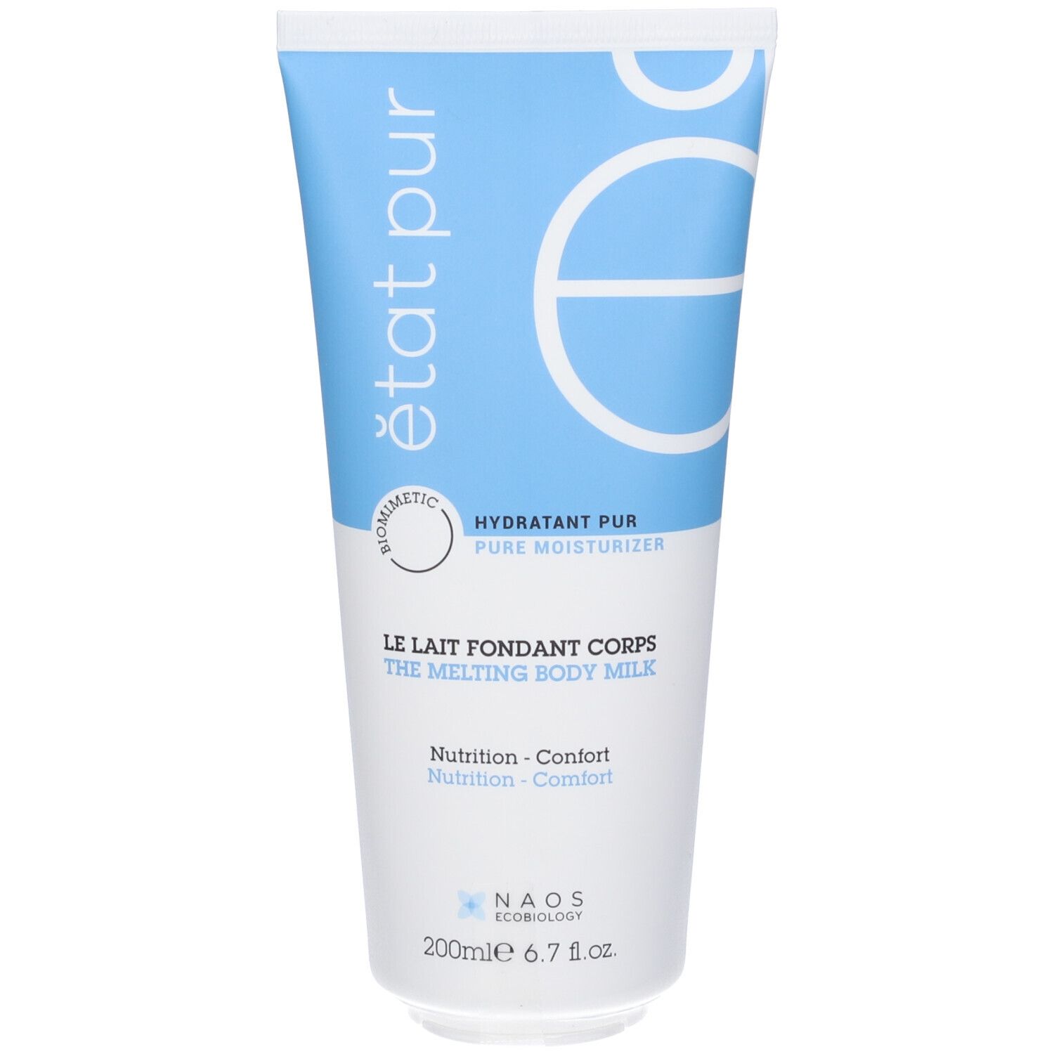 Tubo blu e bianco con logo "état pur" e testo. Visibili anche "Le Lait Fondant Corps" e "Hydratant Pur".