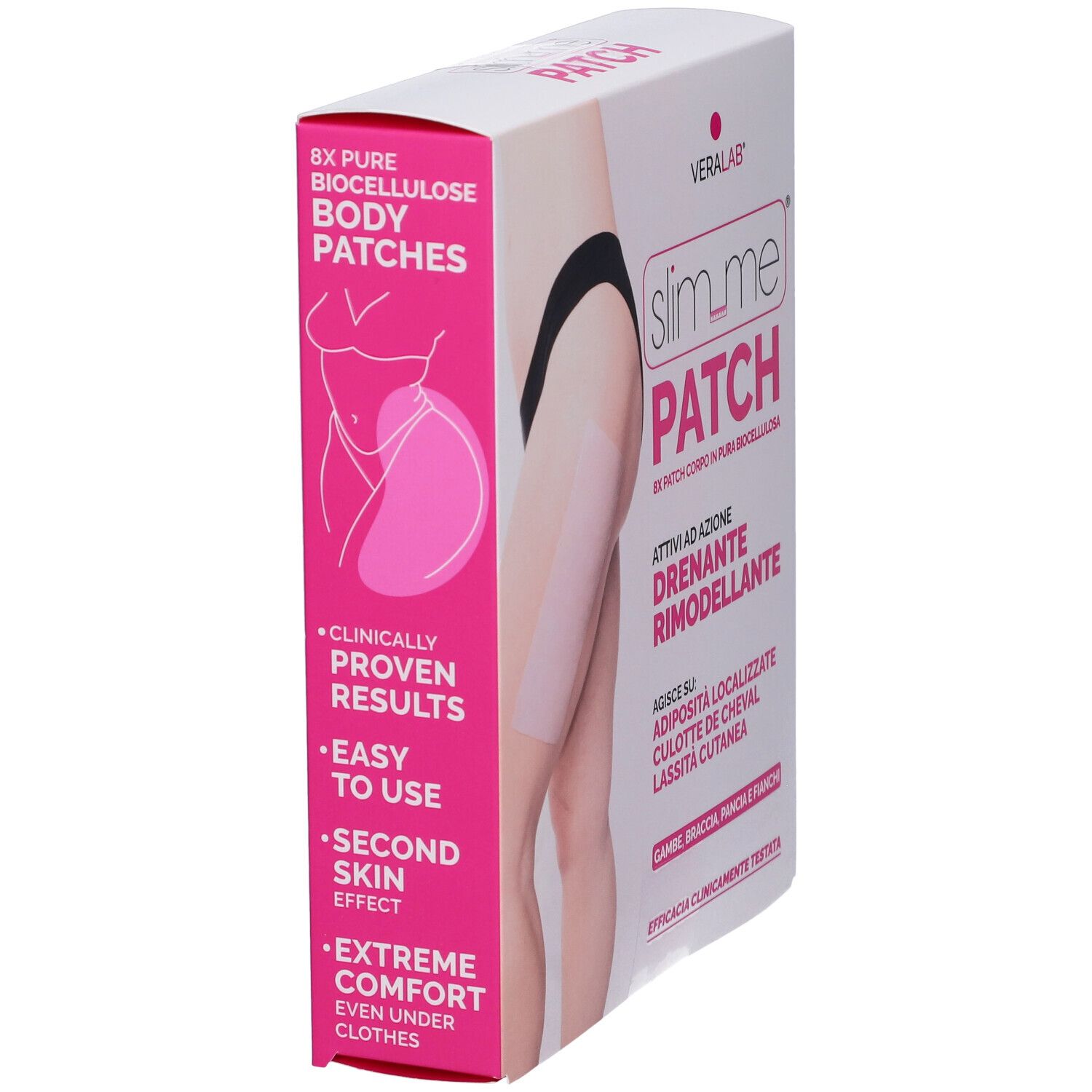 Confezione VERALAB Slim Me Patch. Patch rosa sulla gamba. Testo: Slim Me Patch, 8x Pure Biocellulose Body Patches.