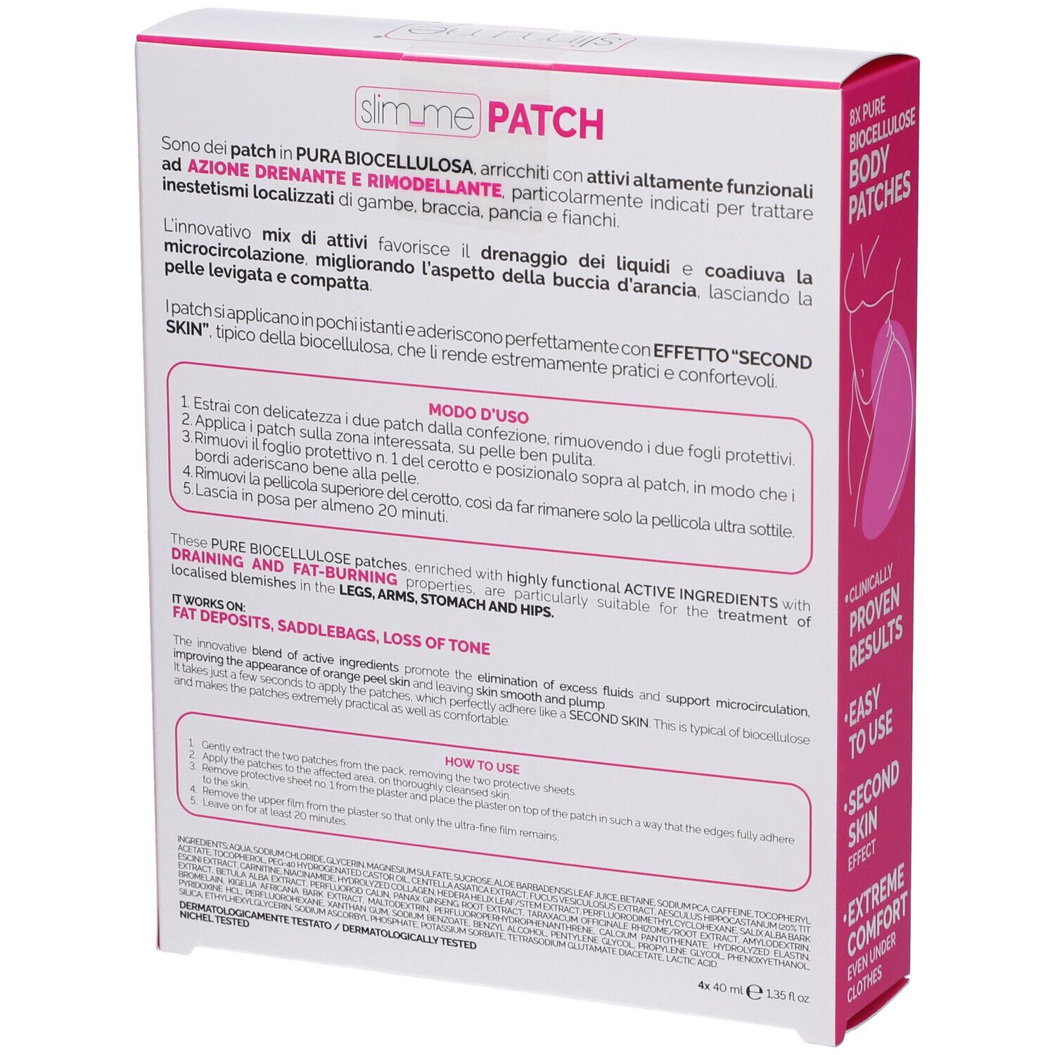 Retro confezione VERALAB Slim Me Patch. Testo e istruzioni in italiano e inglese. 8 Pure Biocellulose Body Patches.