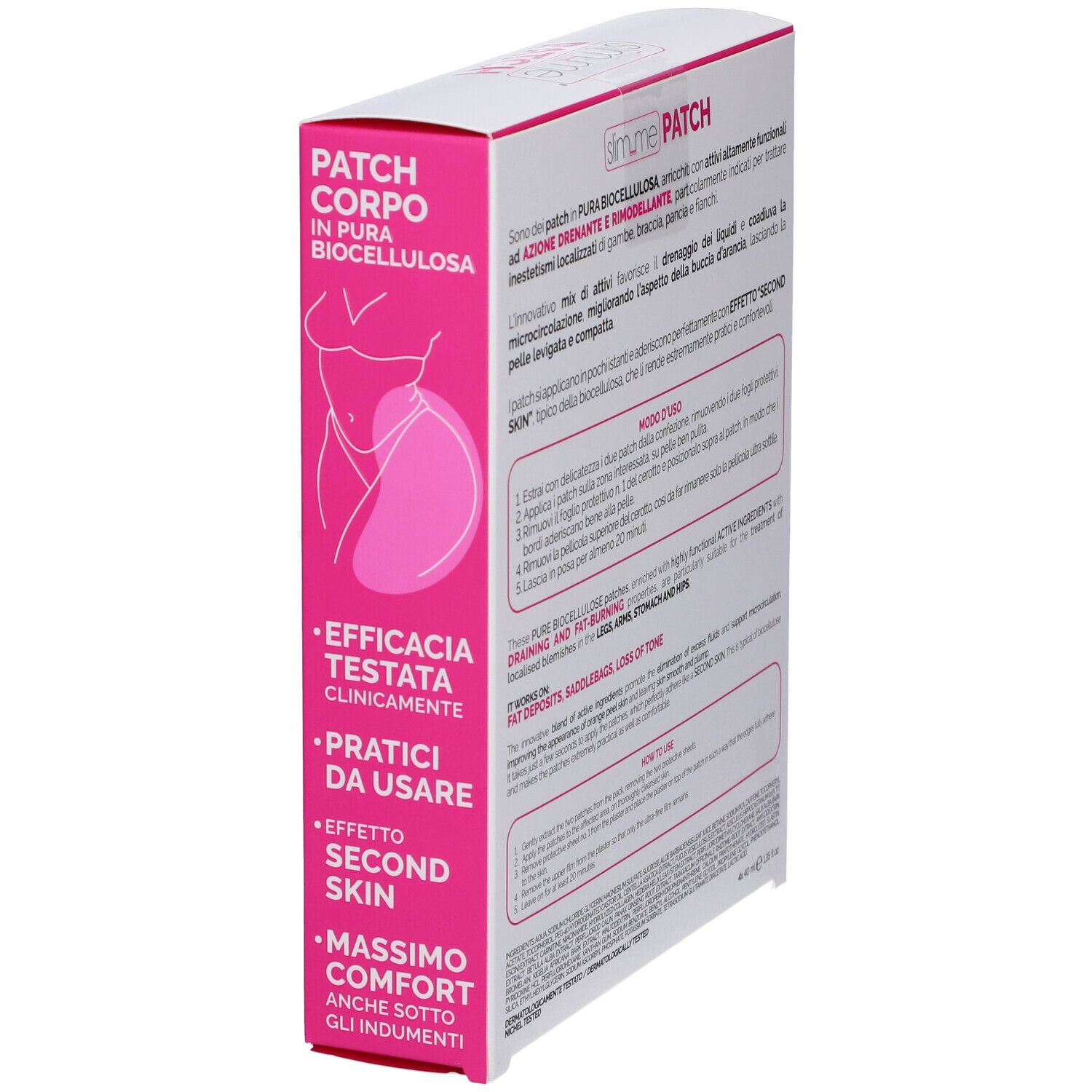 Confezione VERALAB Slim Me Patch. Testo: Slim Me Patch, 8x Patch Corpo in Pura Biocellulosa. Patch rosa sulla gamba.