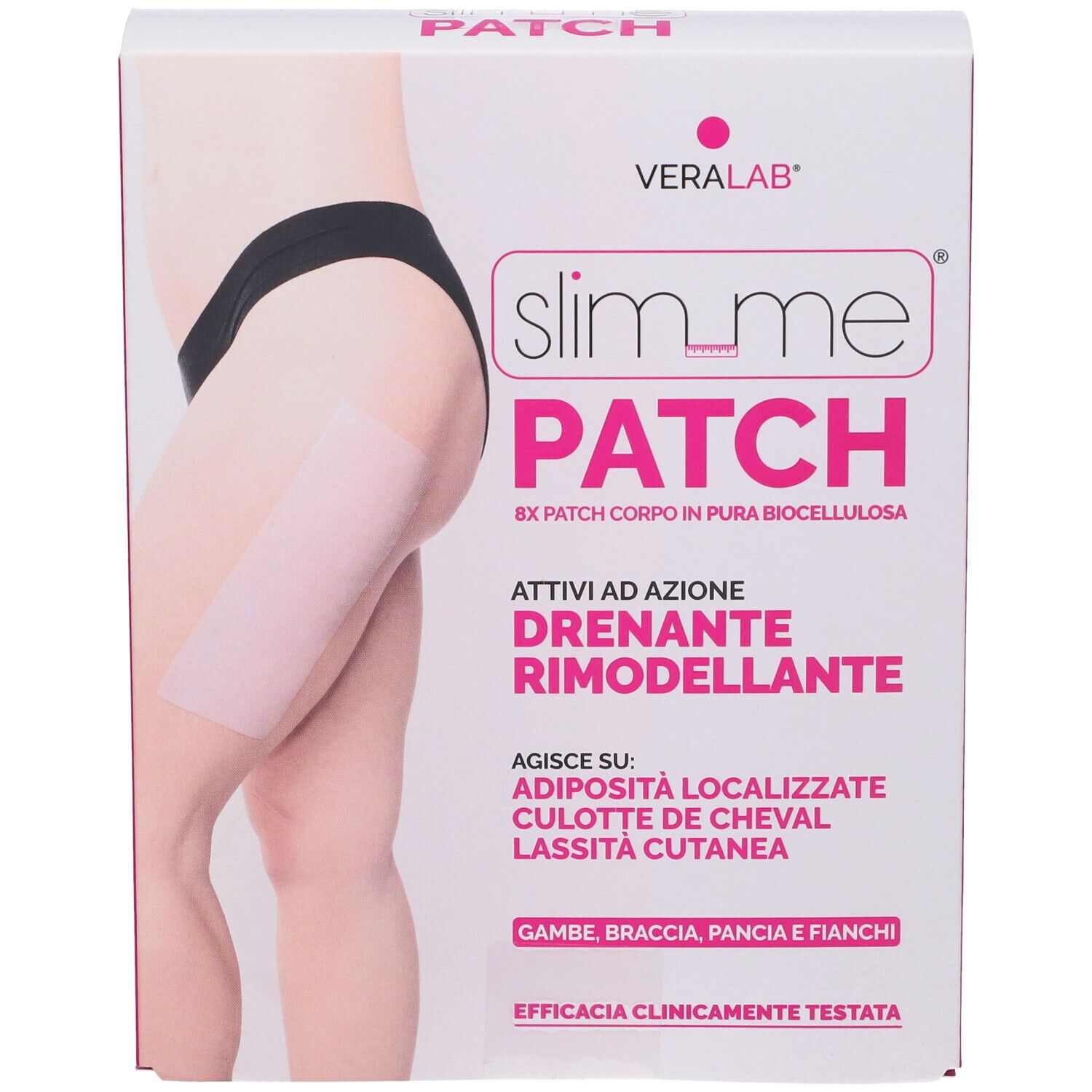 Confezione VERALAB Slim Me Patch. Patch rosa sulla coscia. Testo: Slim Me Patch, 8x Patch Corpo in Pura Biocellulosa.