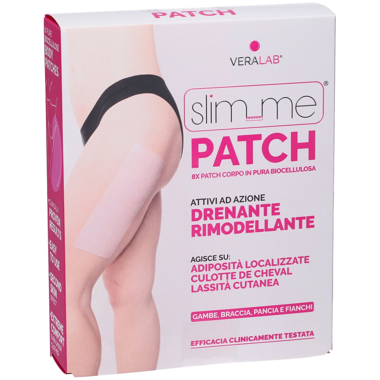 Confezione VERALAB Slim Me Patch. Patch rosa sulla coscia. Testo: Slim Me Patch, 8x Patch Corpo in Pura Biocellulosa.