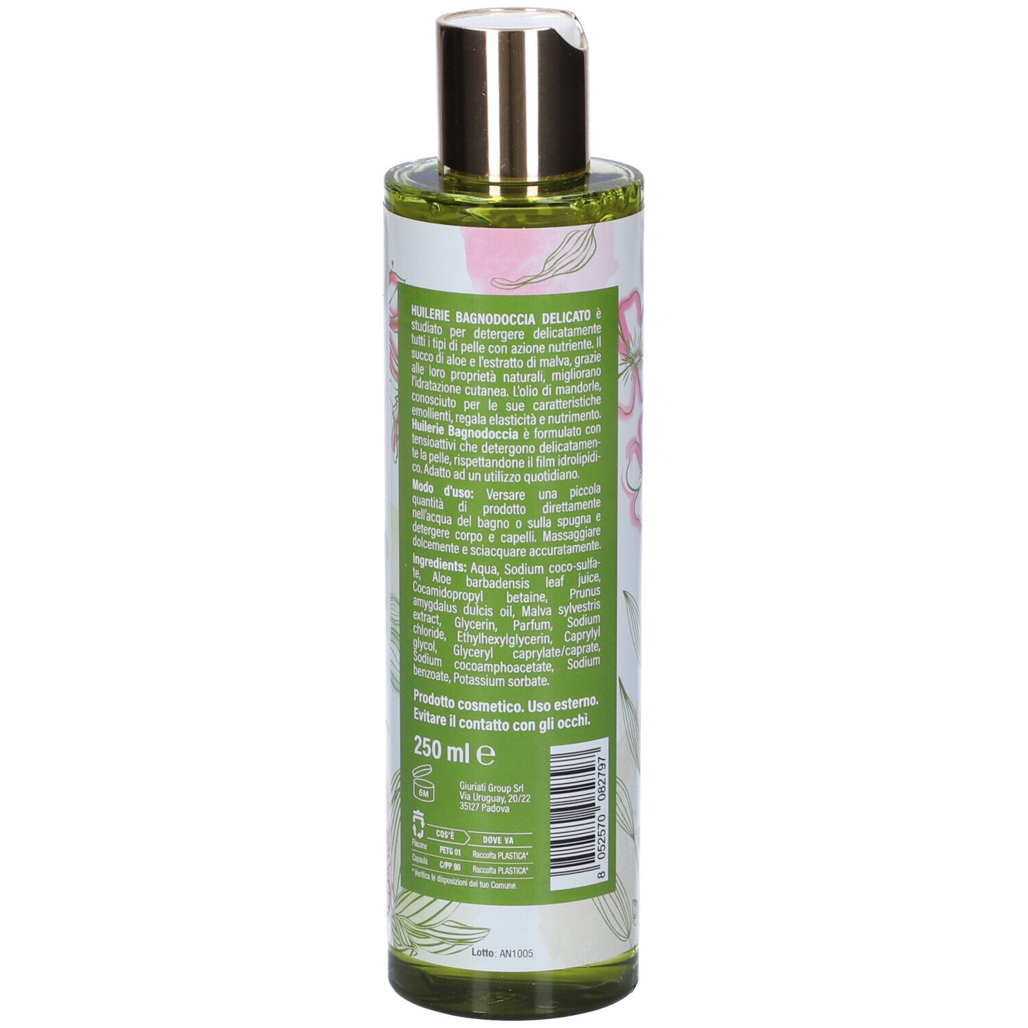 Retro del flacone di bagnodoccia. Testo con ingredienti e istruzioni per l'uso. 250 ml.