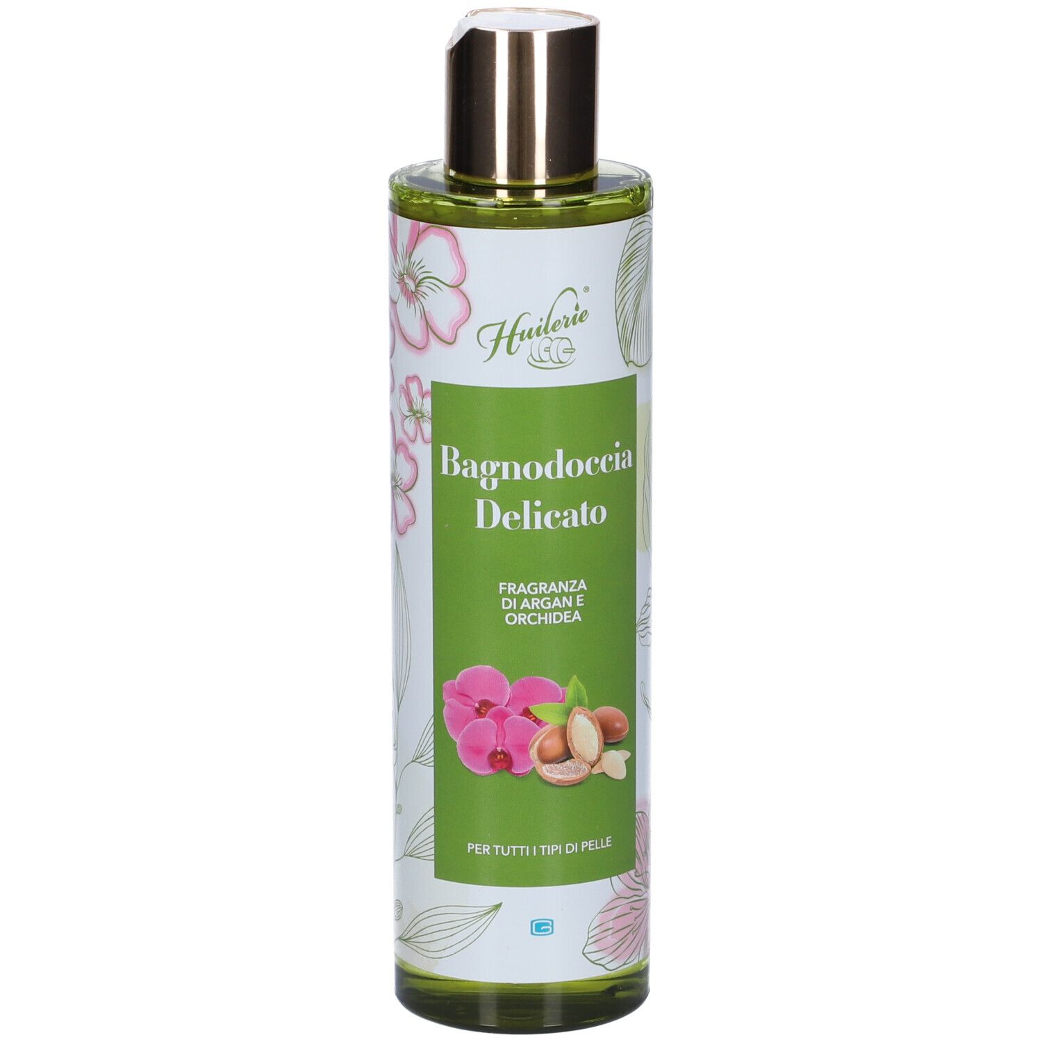 Bagnodoccia con motivo floreale e argan. Scritta: Bagnodoccia Delicato, Fragranza di Argan e Orchidea.