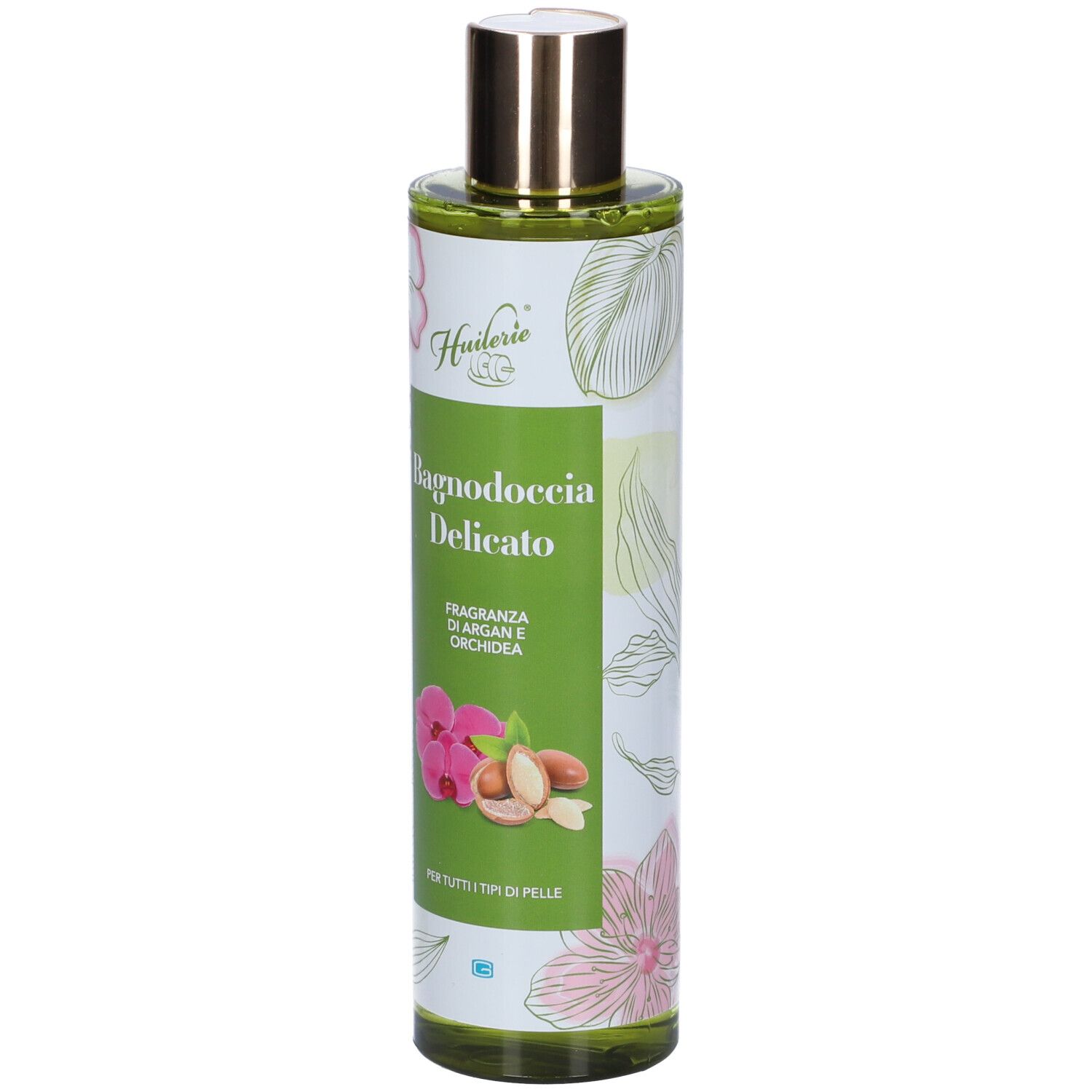 Bagnodoccia con motivo floreale e argan. Scritta: Bagnodoccia Delicato, Fragranza di Argan e Orchidea.