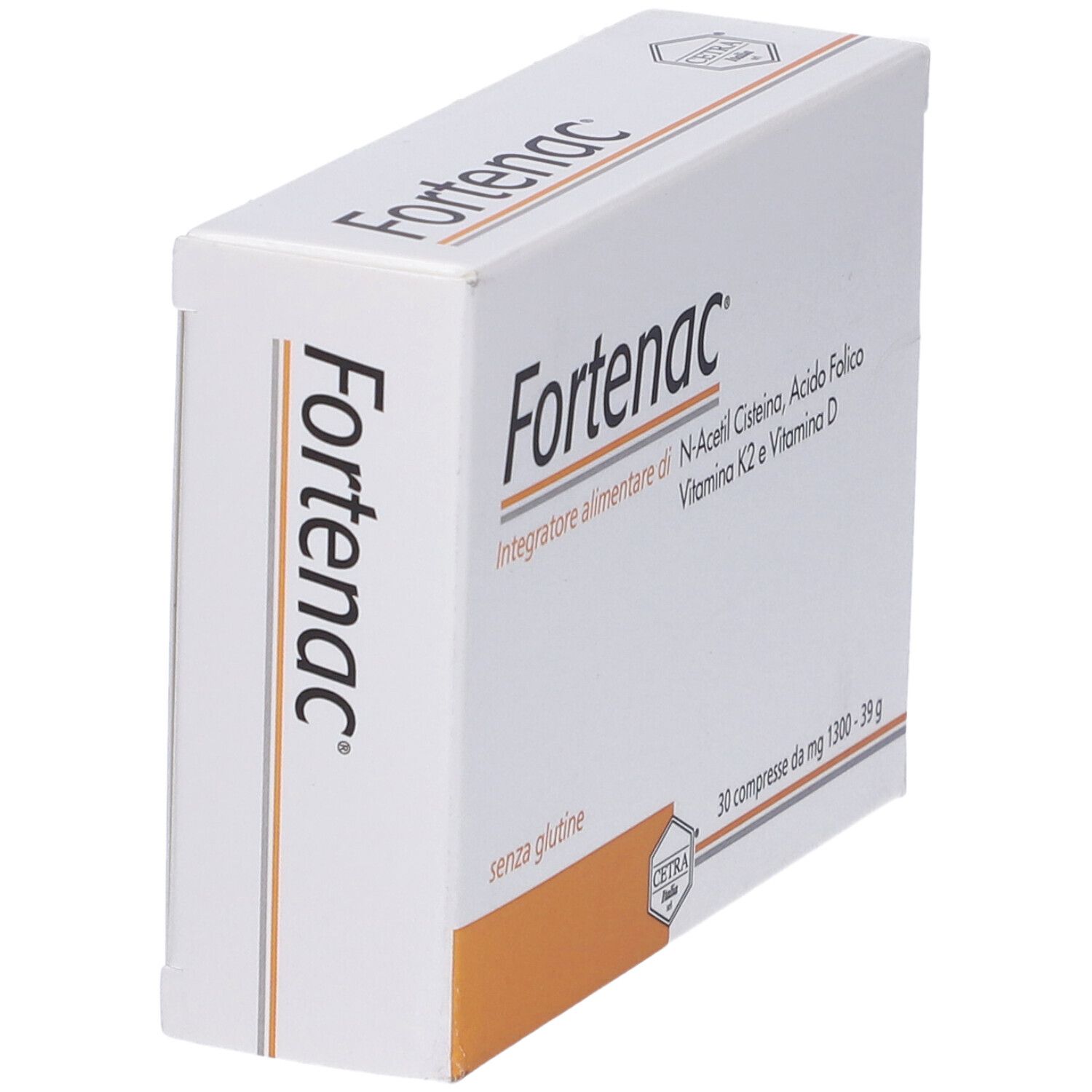 Scatola "Fortenac" in prospettiva. Logo e ingredienti visibili. Contiene 30 compresse. Senza glutine.