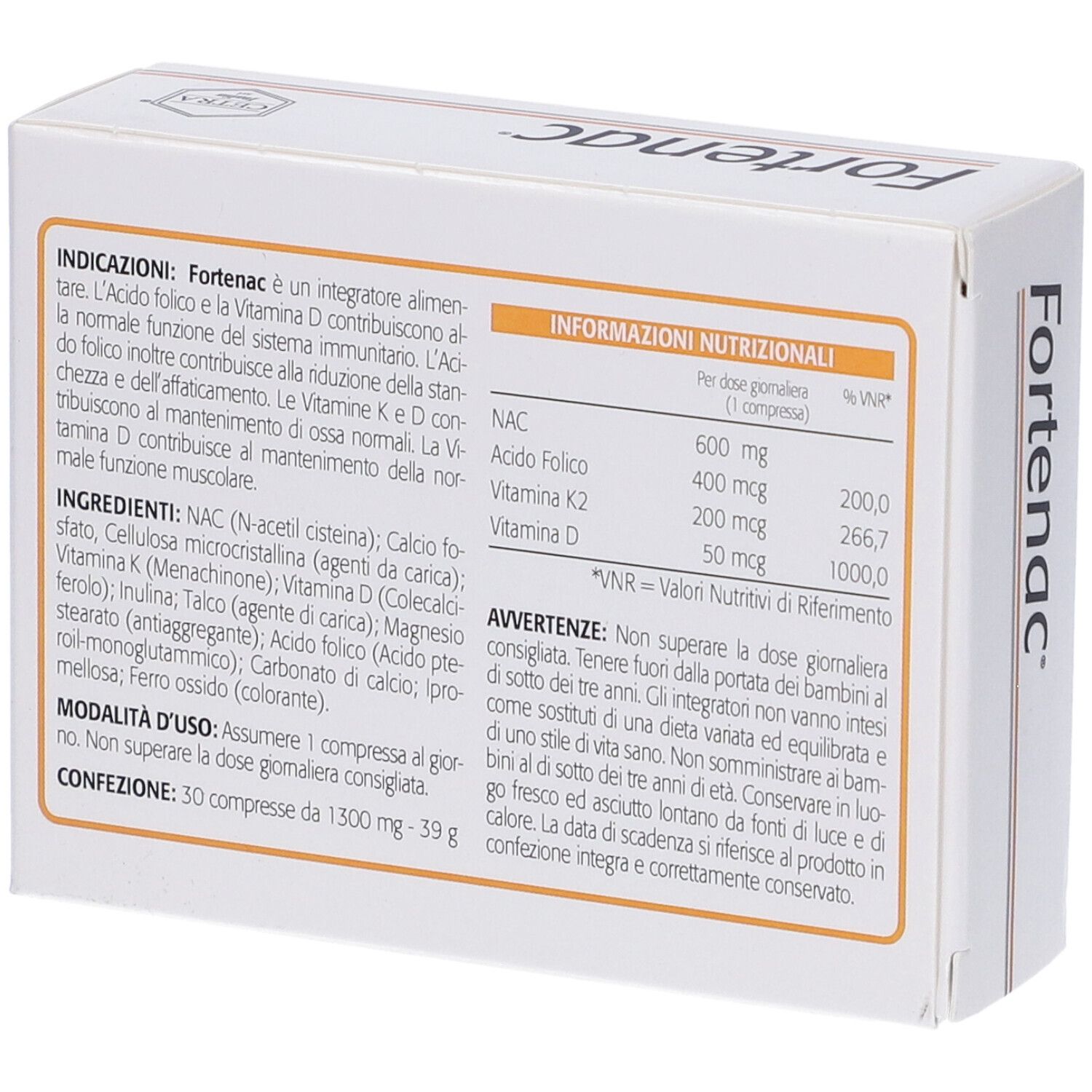 Retro della scatola "Fortenac". Informazioni nutrizionali e ingredienti. 30 compresse.