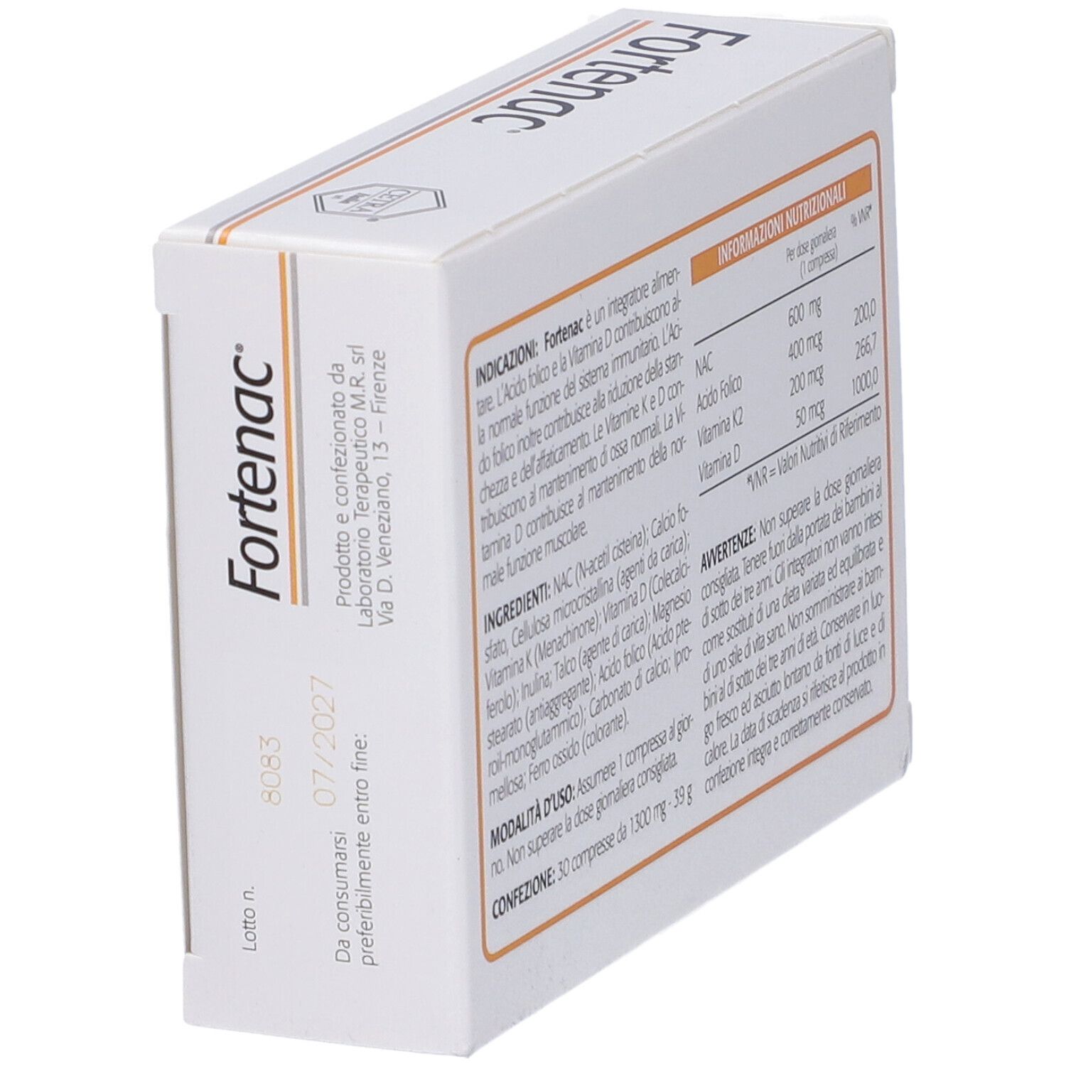 Scatola "Fortenac" in prospettiva. Retro con ingredienti e informazioni nutrizionali. 30 compresse.