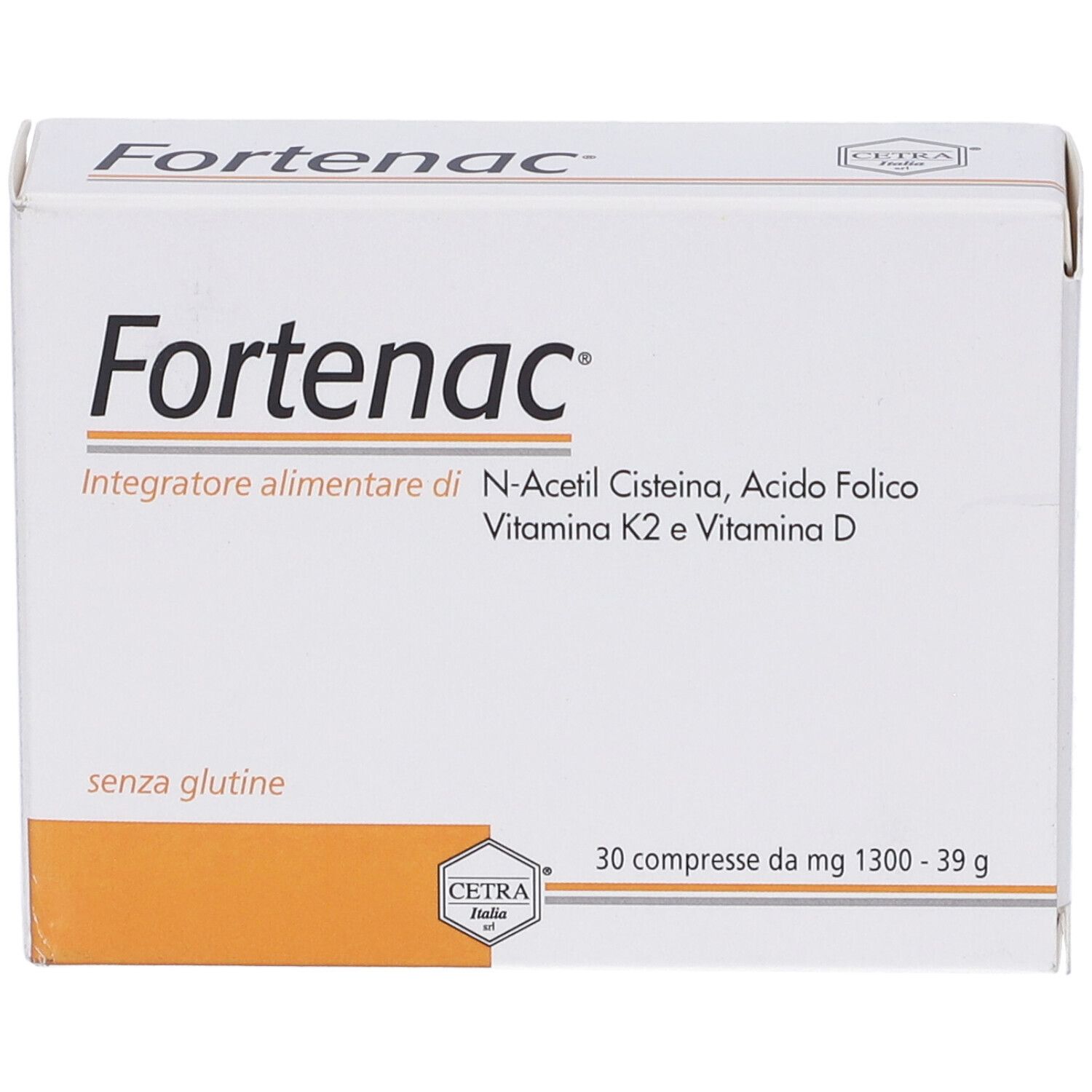 Scatola "Fortenac". Logo e ingredienti visibili. Contiene 30 compresse. Senza glutine.