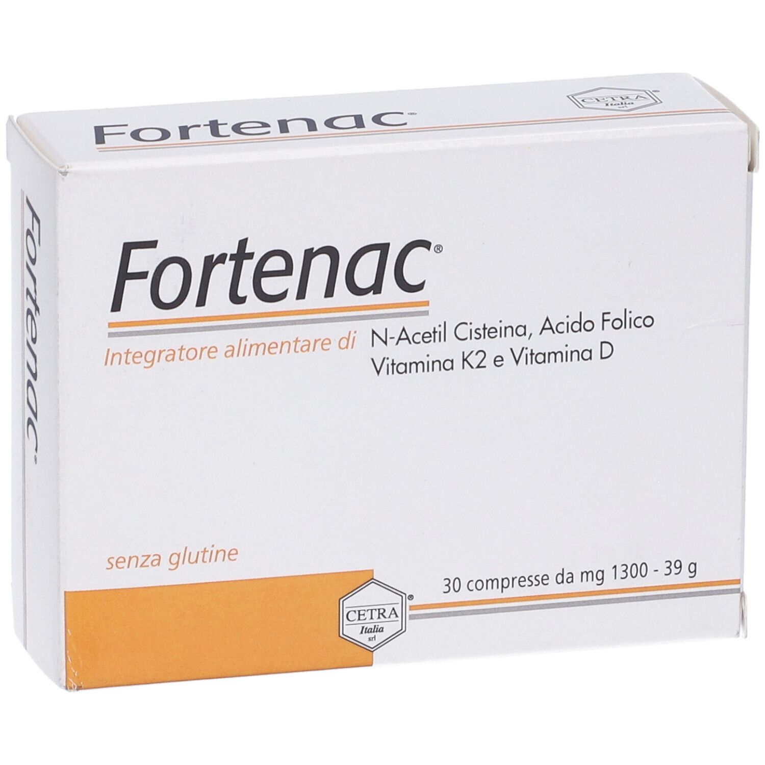 Scatola "Fortenac". Logo e ingredienti visibili. Contiene 30 compresse. Senza glutine.