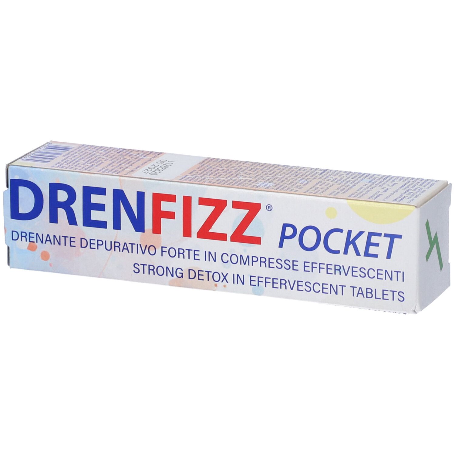 Scatola 'DRENFIZZ POCKET'. Testo: 'Drenante depurativo forte in compresse effervescenti'.