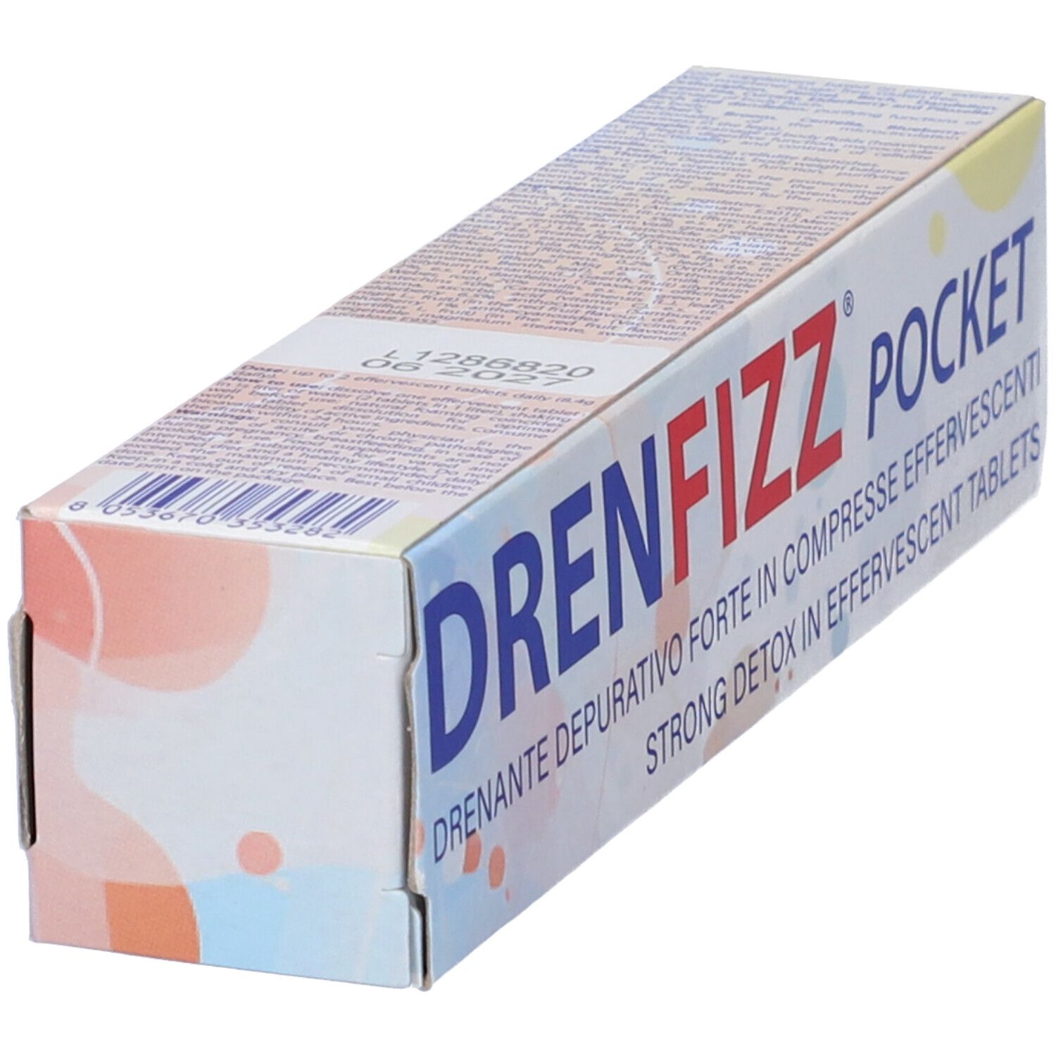 Scatola 'DRENFIZZ POCKET', vista laterale. Testo: 'Drenante depurativo forte in compresse effervescenti'.
