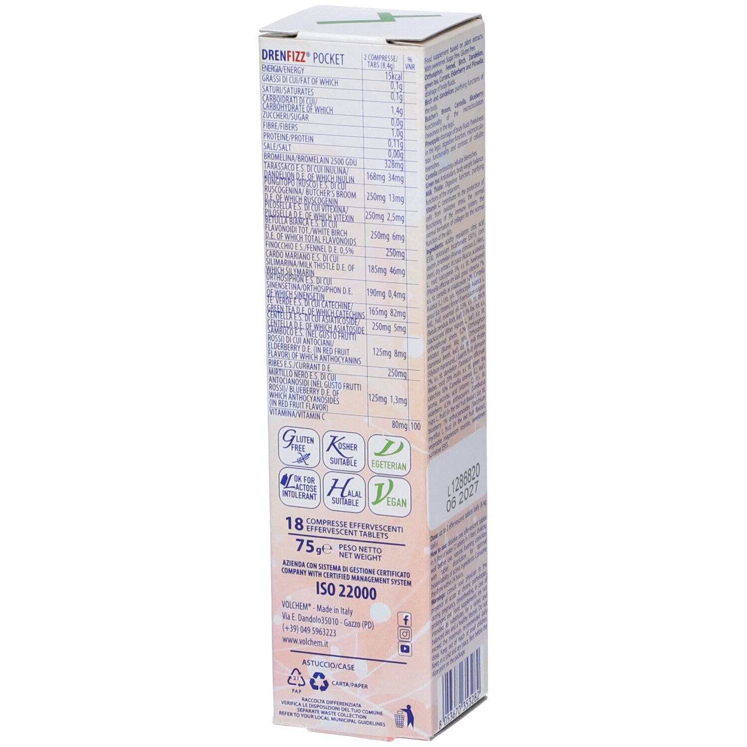 Scatola 'DRENFIZZ POCKET'. Retro con informazioni nutrizionali e certificazioni.