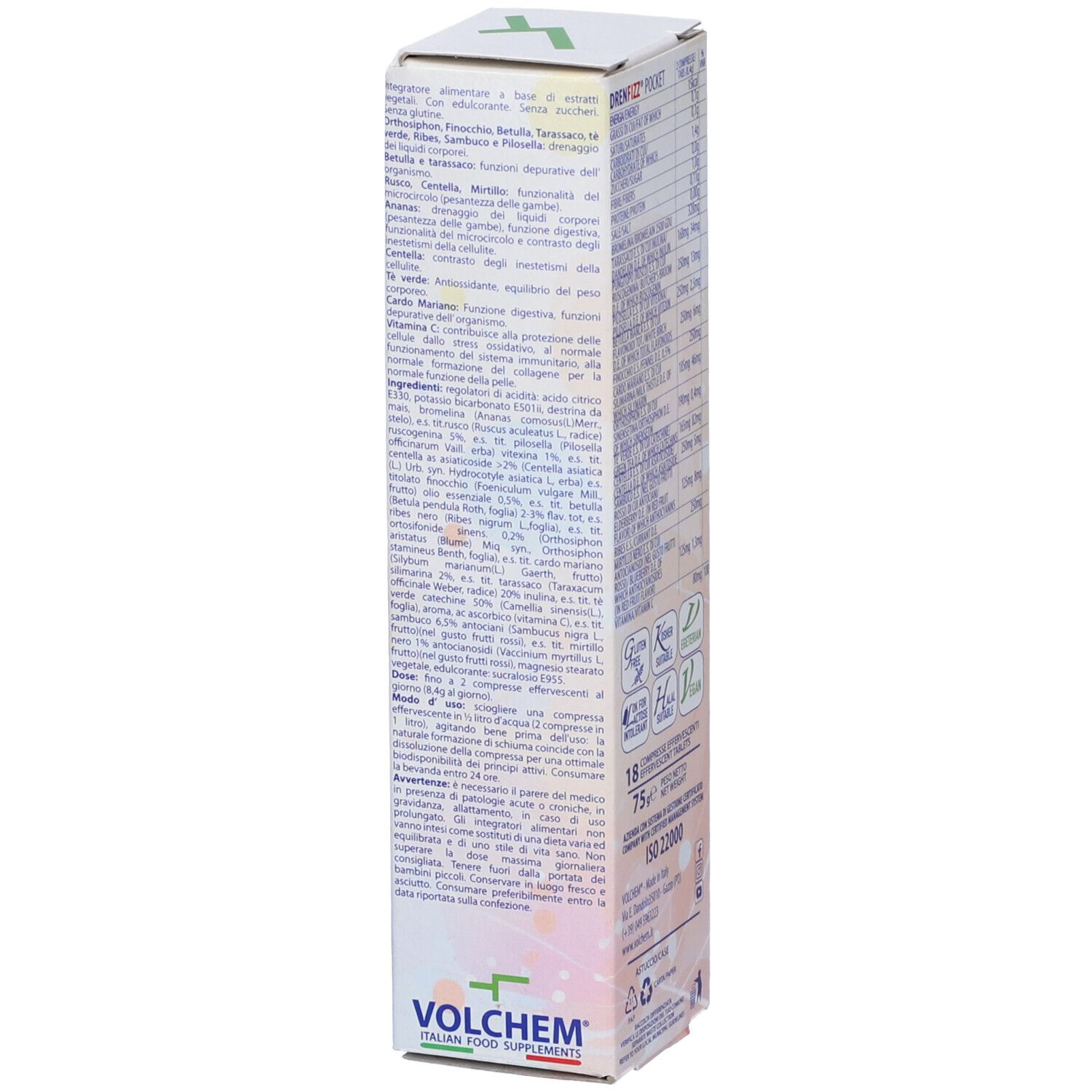 Scatola 'DRENFIZZ POCKET'. Retro con informazioni nutrizionali e certificazioni.