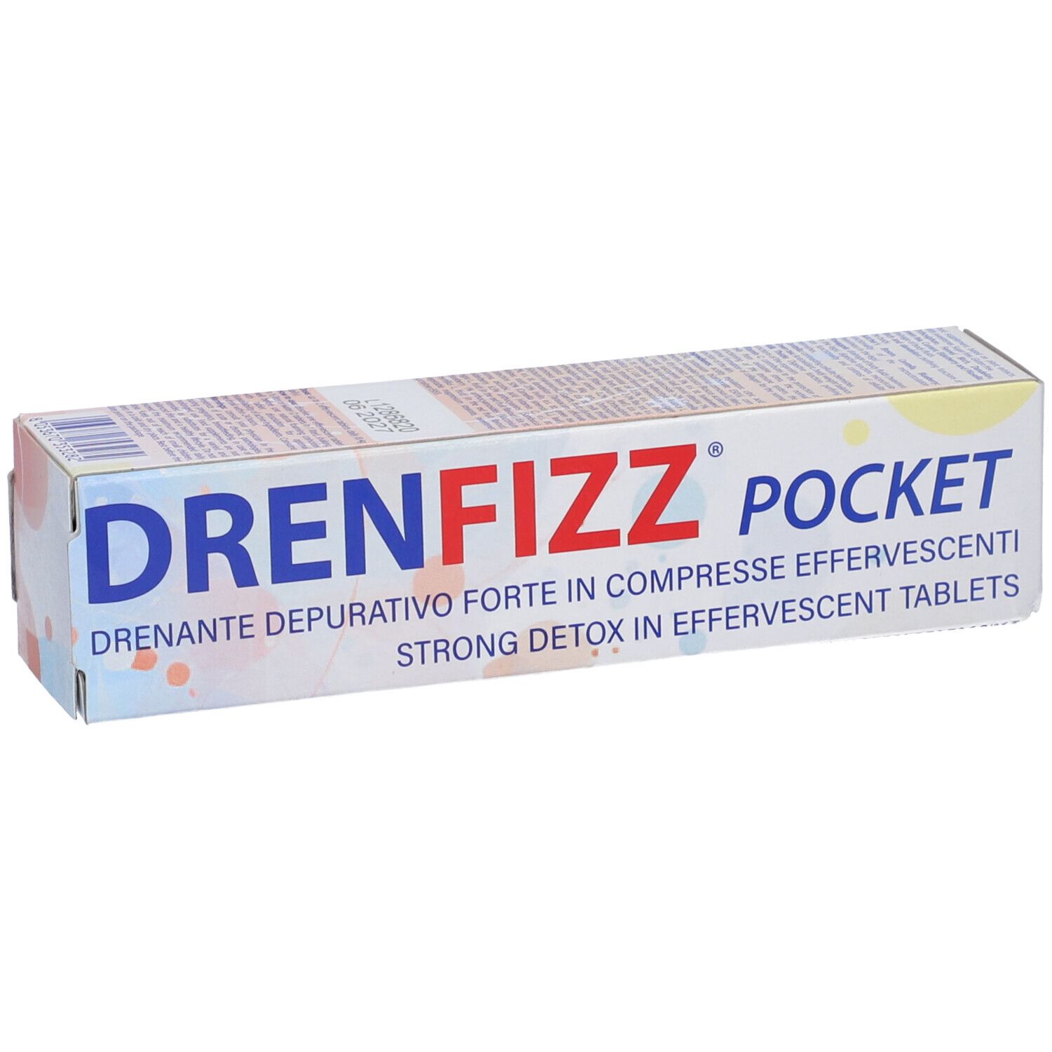 Scatola 'DRENFIZZ POCKET'. Testo: 'Drenante depurativo forte in compresse effervescenti'.